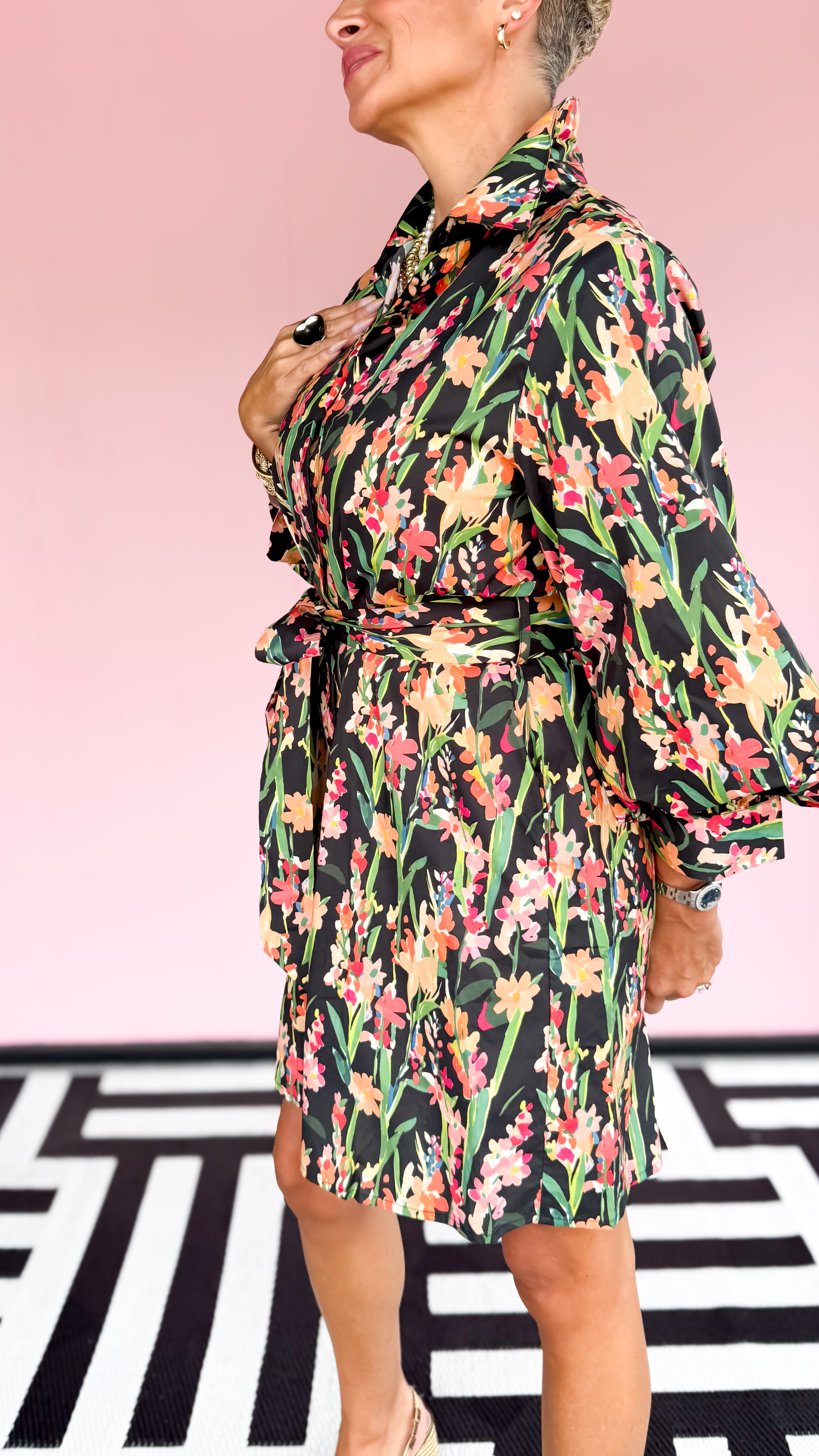 Button Down Floral Dress/Black