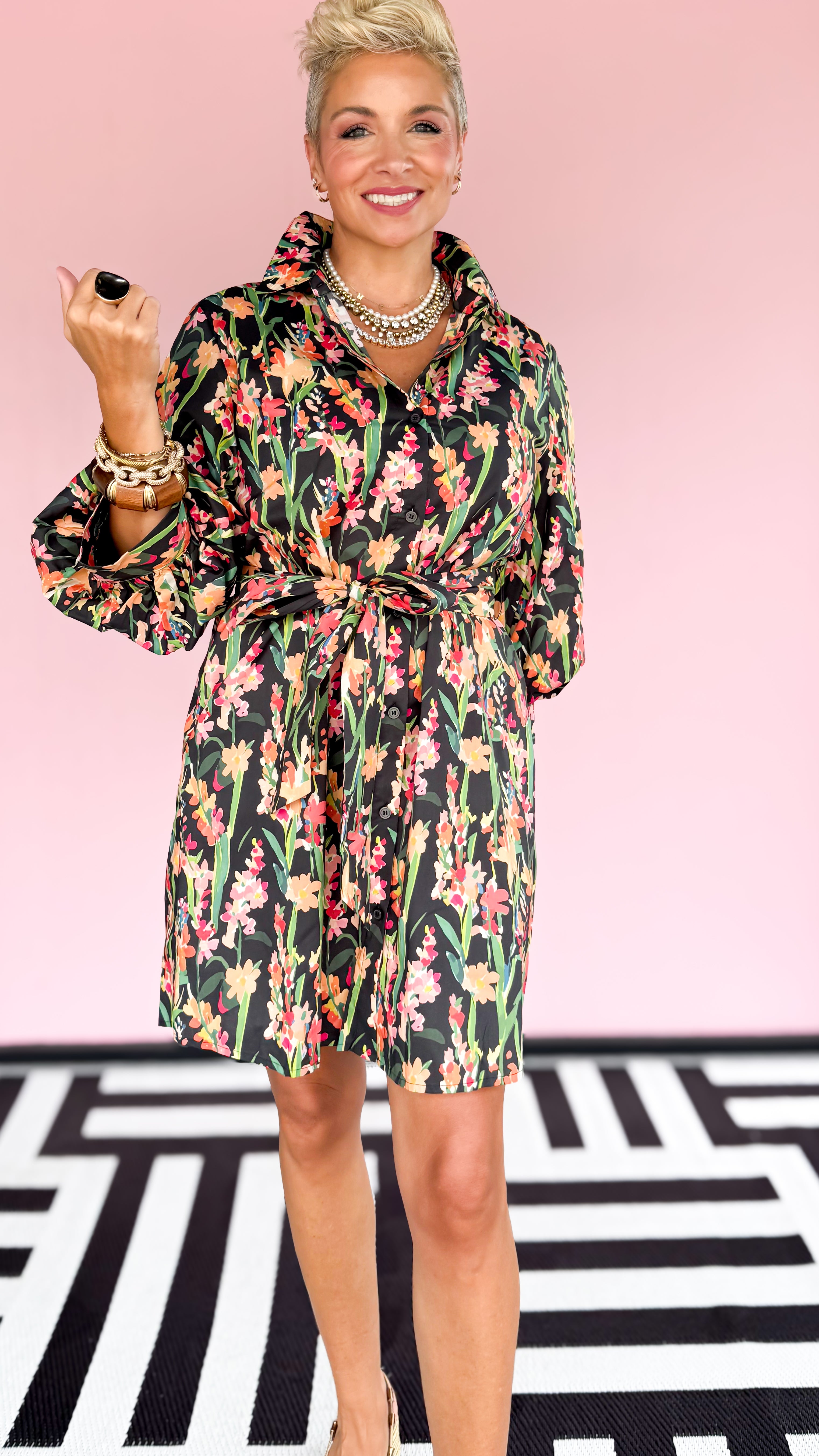 Button Down Floral Dress/Black