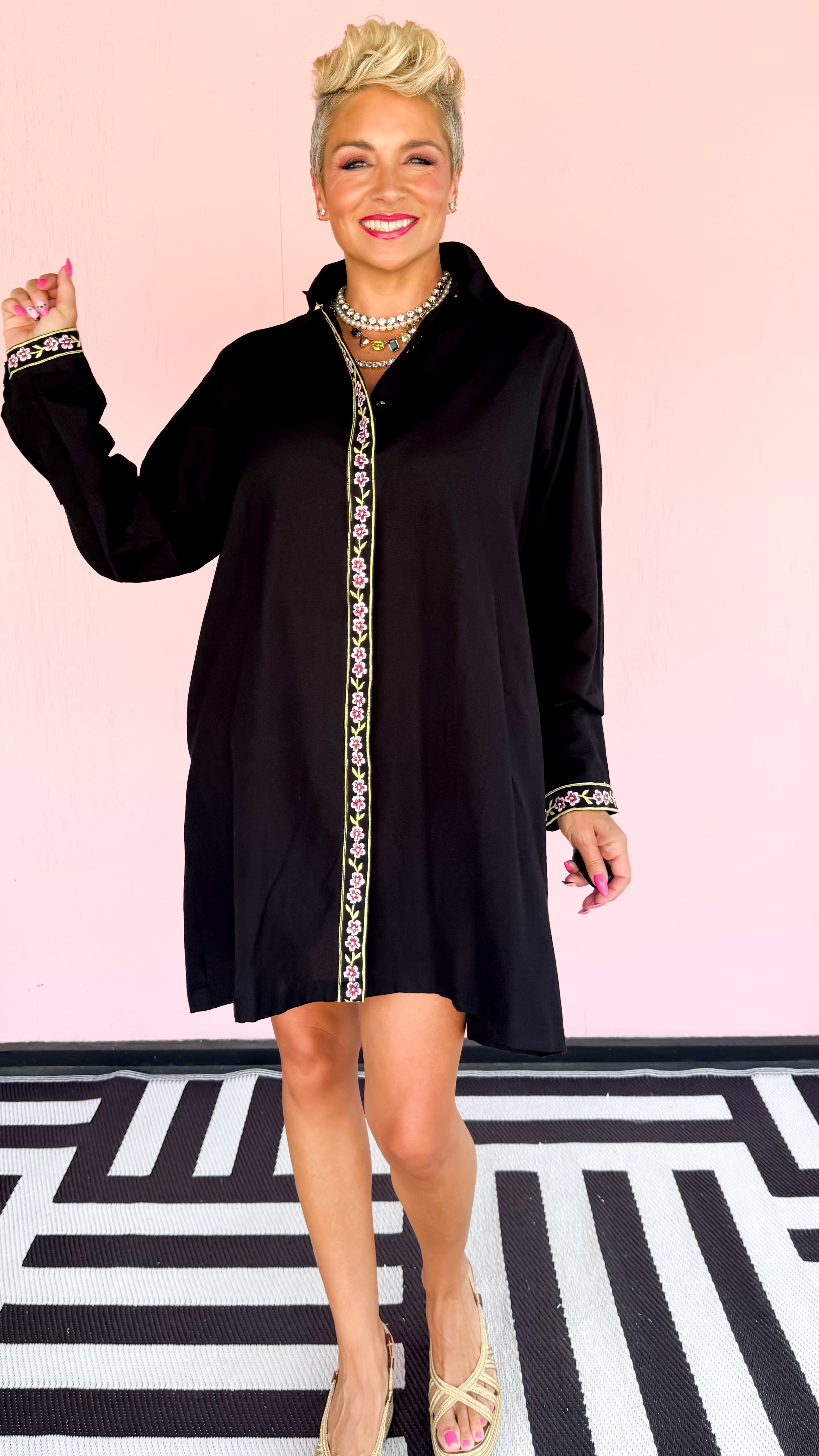 Black Cactus Embroidered Shirt Dress/BLK - The BLVD