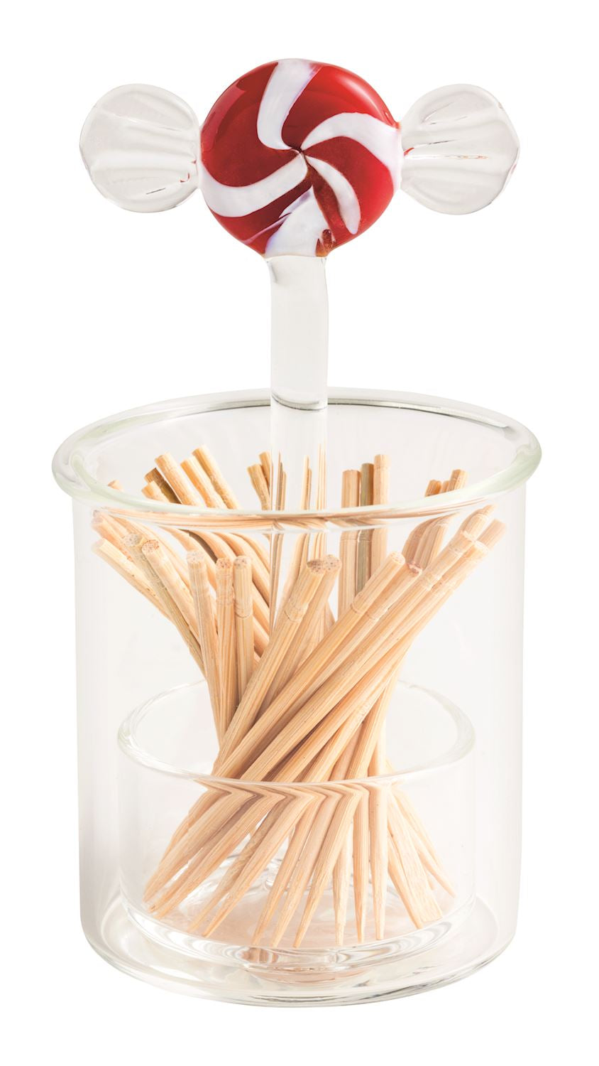 Glass toothpick holder topped with a peppermint candy motif, front view