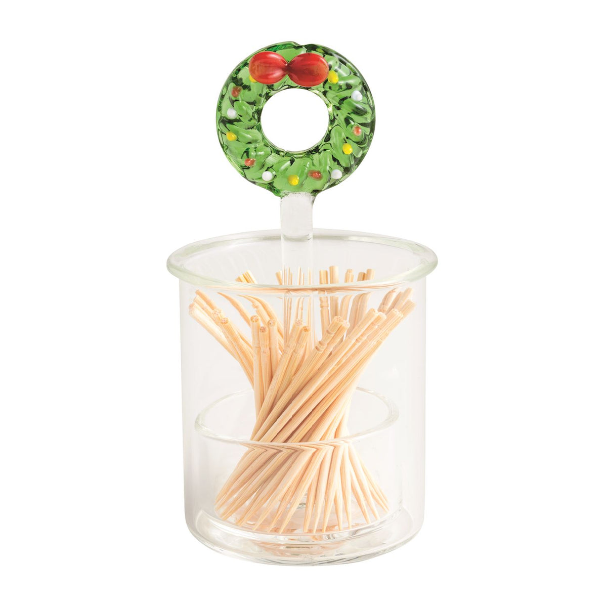 Glass toothpick holder topped with a holiday wreath, full view