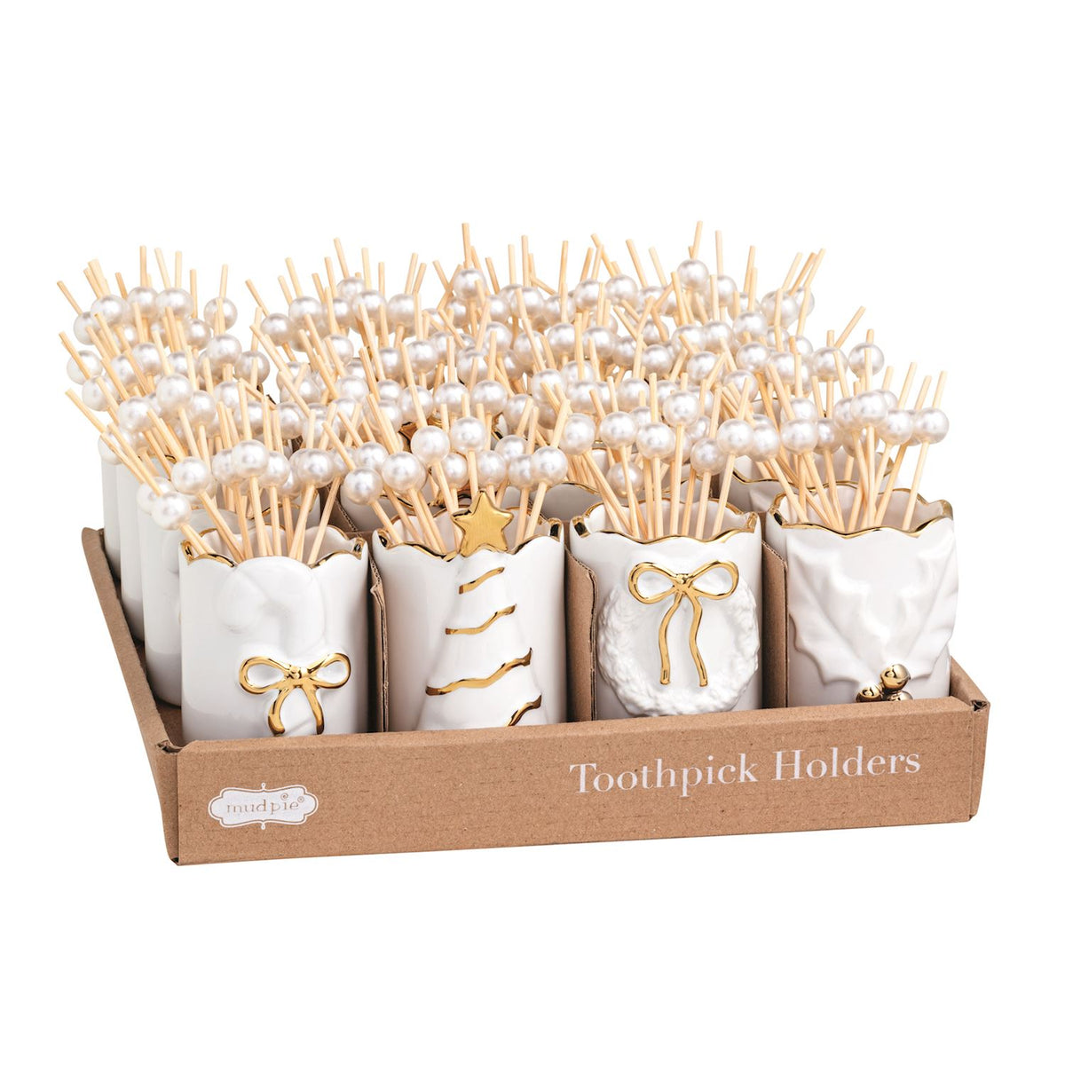 Gold-finish holly toothpick holder, full view