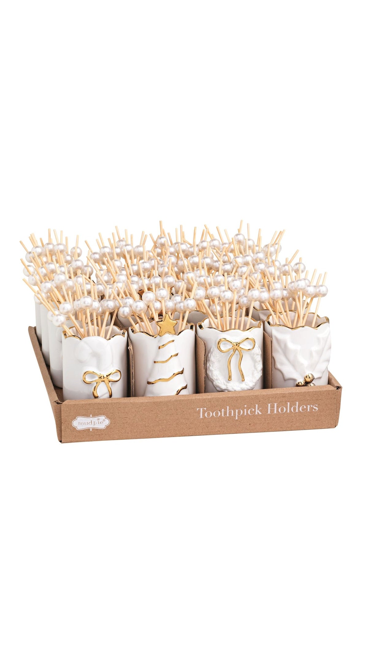 Gold Holly Toothpick Holder full view on white