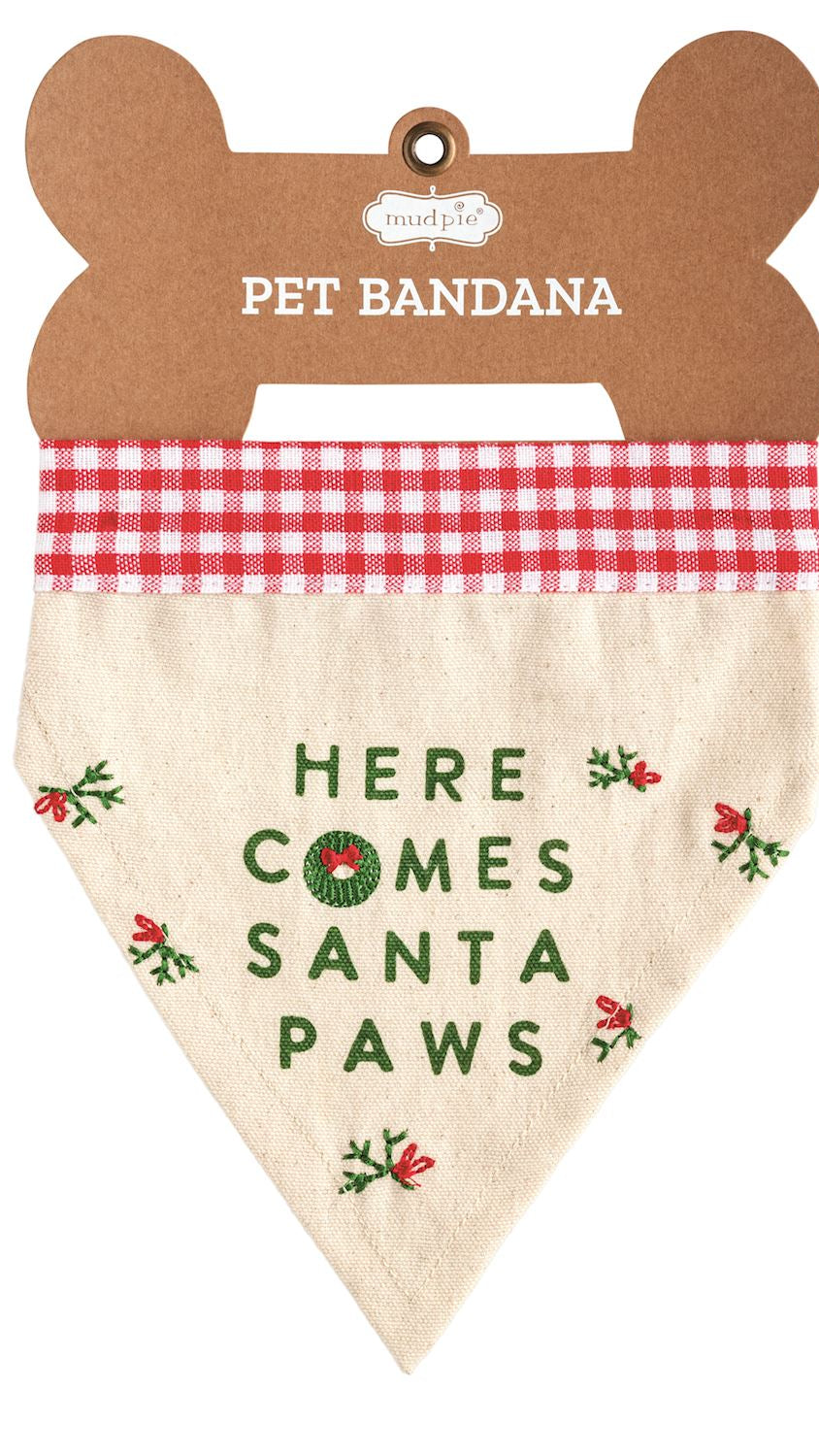 Here Comes Santa embroidered holiday pet bandana, front view