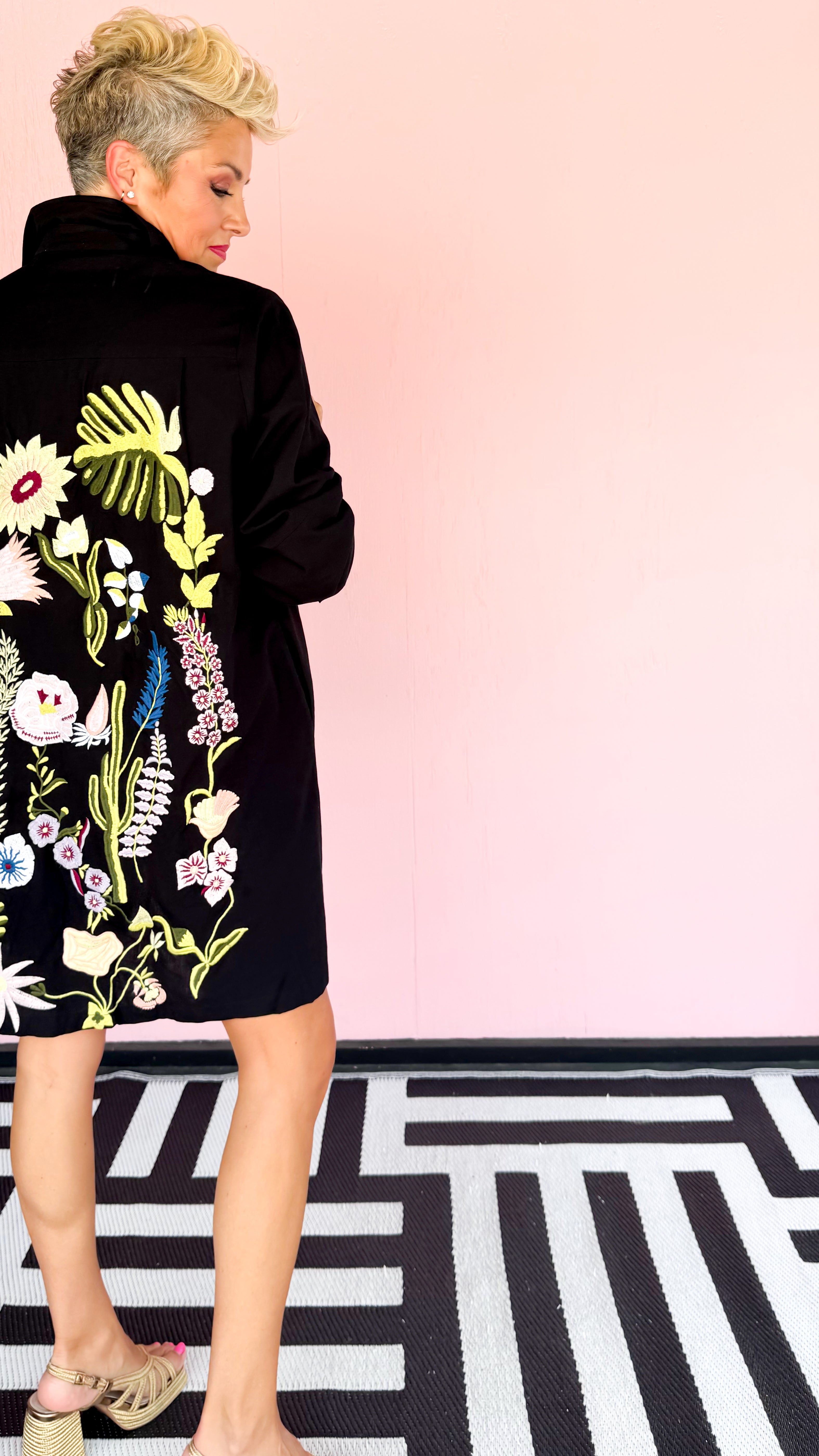 Black Cactus Embroidered Shirt Dress/BLK - The BLVD
