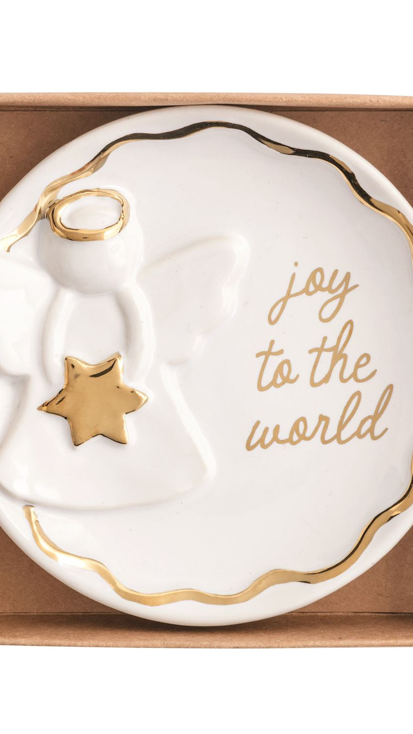 Gold trinket dish with an angel motif, front view