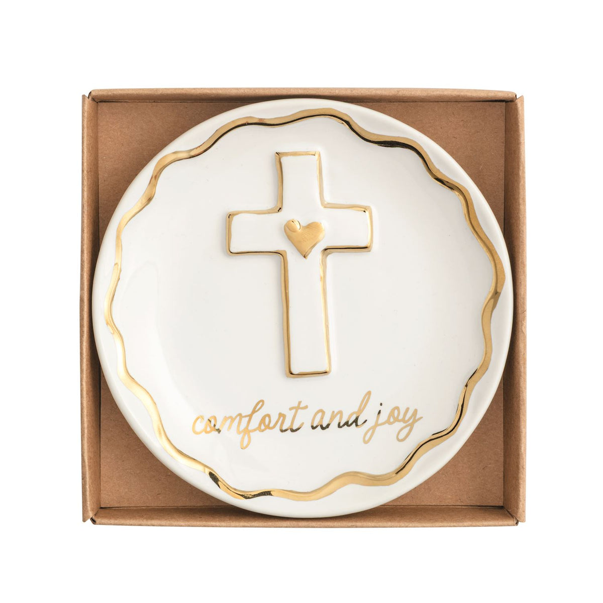 Gold trinket dish with a cross motif, full view