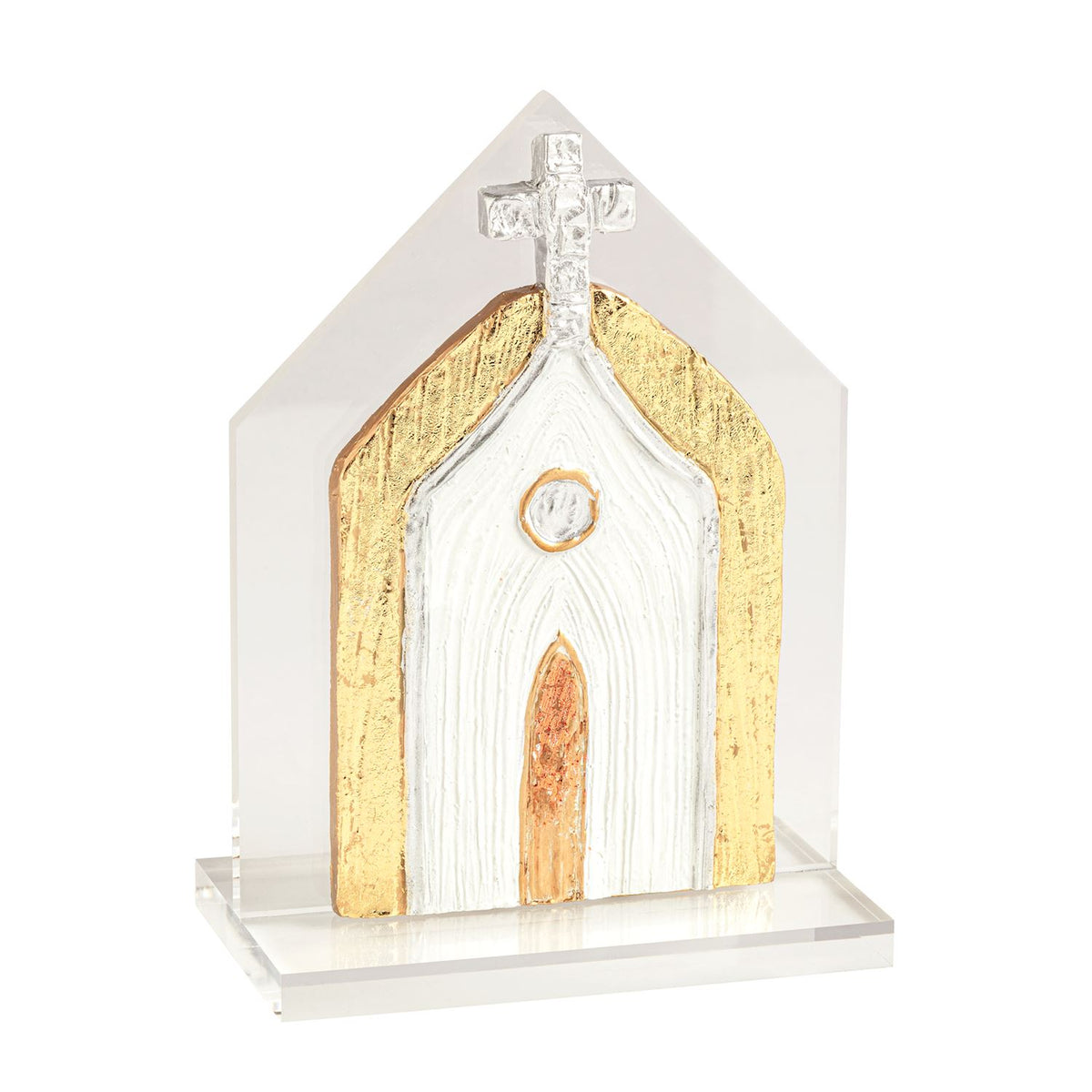 Layered acrylic church in silver over gold, full view