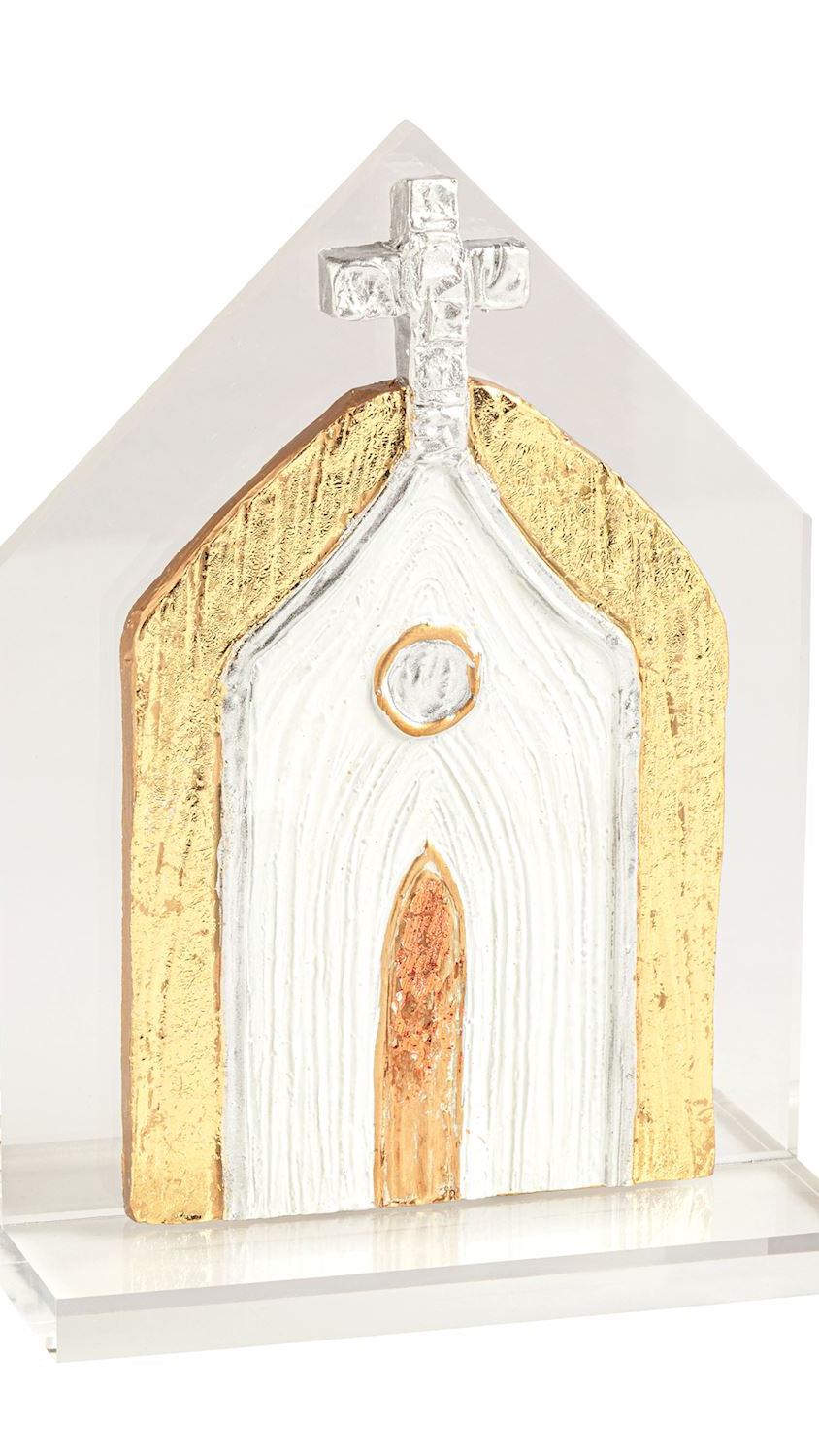 Layered acrylic church in silver over gold, front view