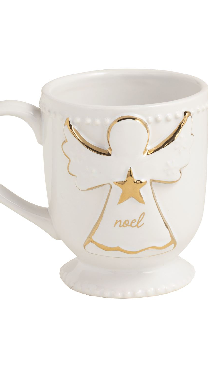 Ceramic mug with gold Noel lettering, front view