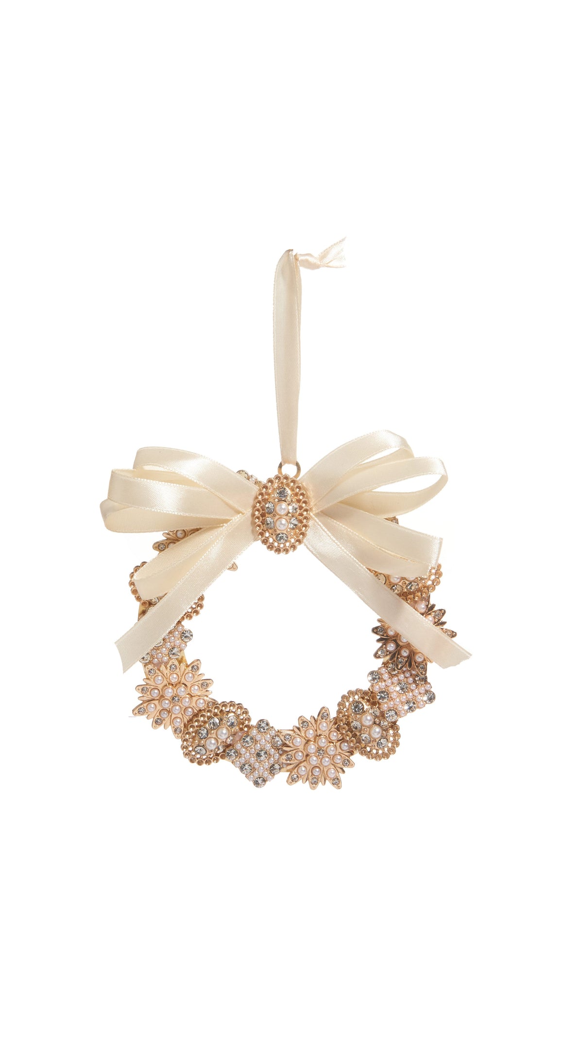 4.5 inch vintage brooch wreath ornament with pearls and jewels, full view on white