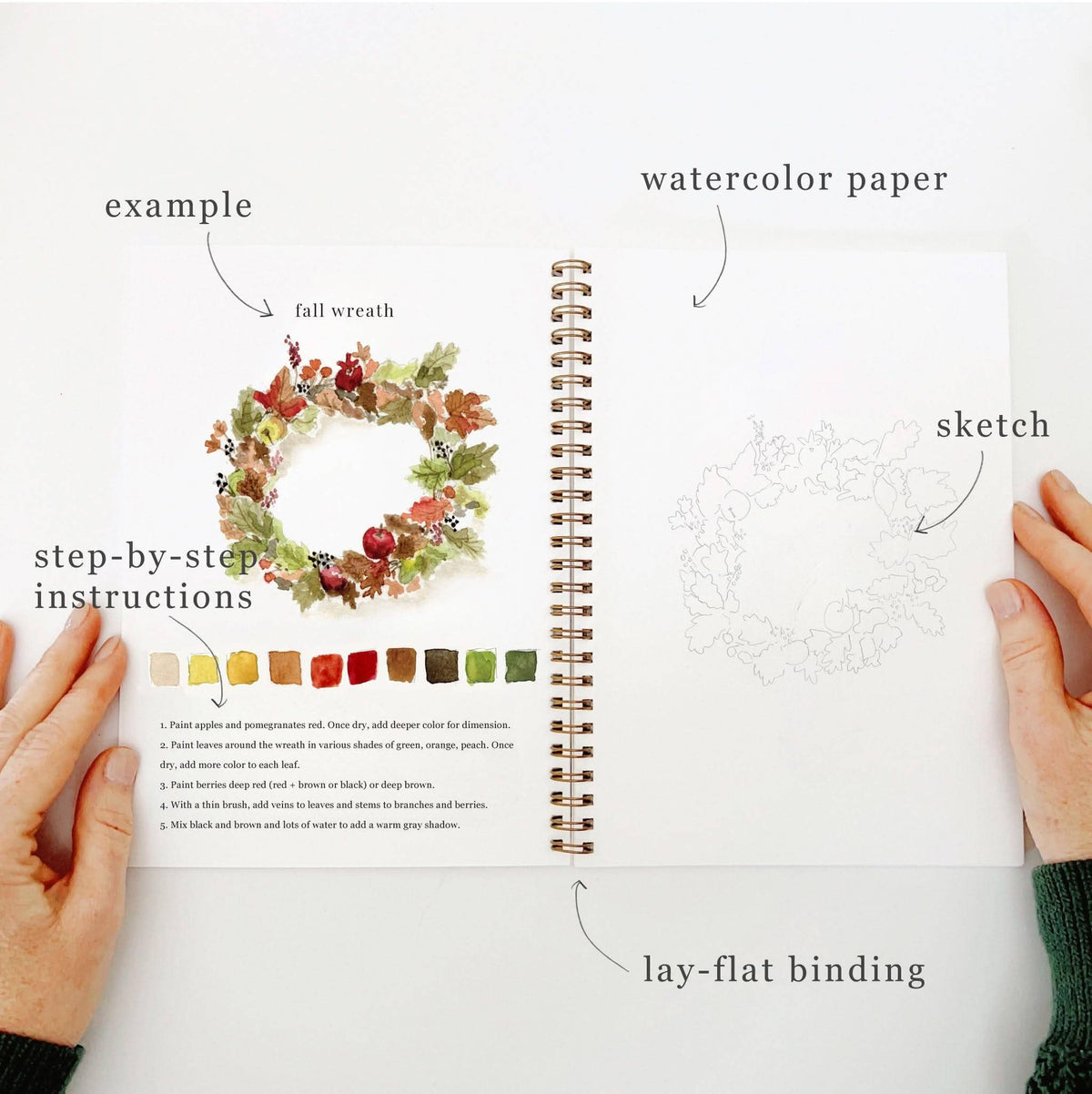 Inside the autumn watercolor workbook with a wreath practice page