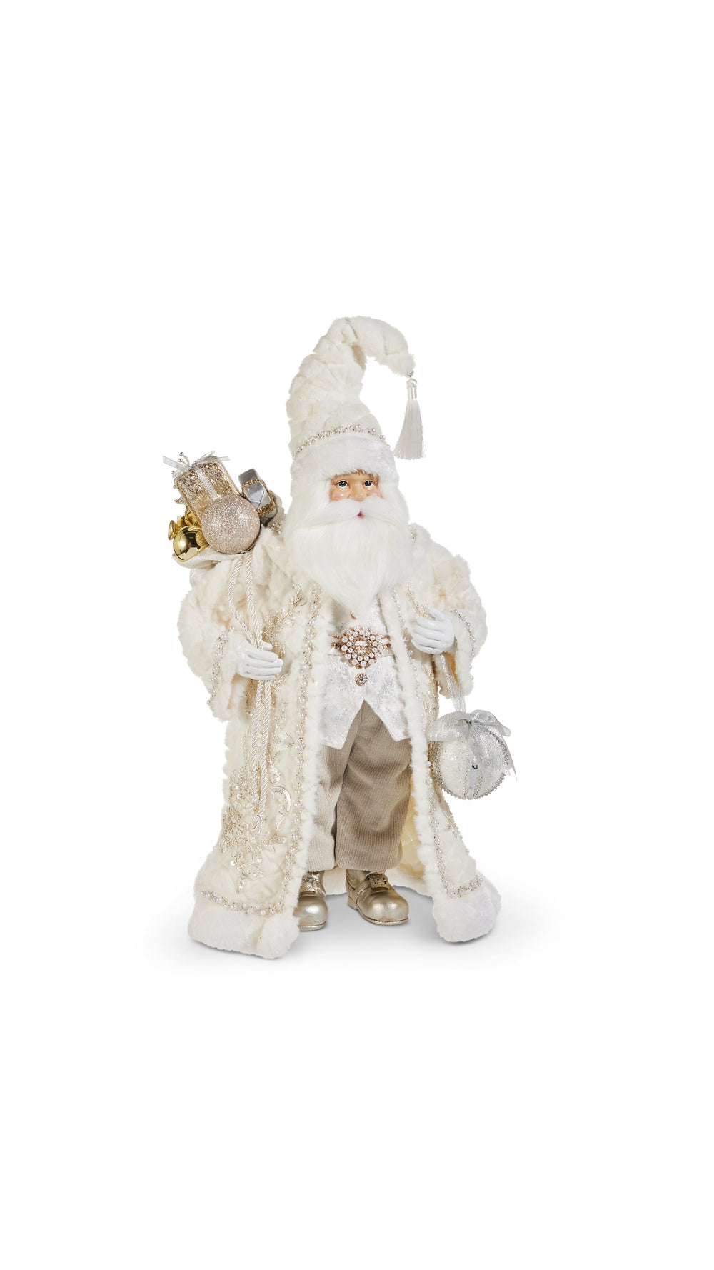 22 inch Father Christmas figure in white fur-trimmed coat, full view on white