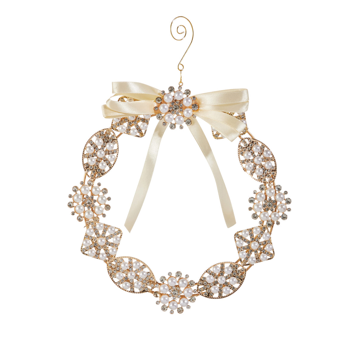 8 inch pearl brooch wreath ornament with jeweled accents, full view
