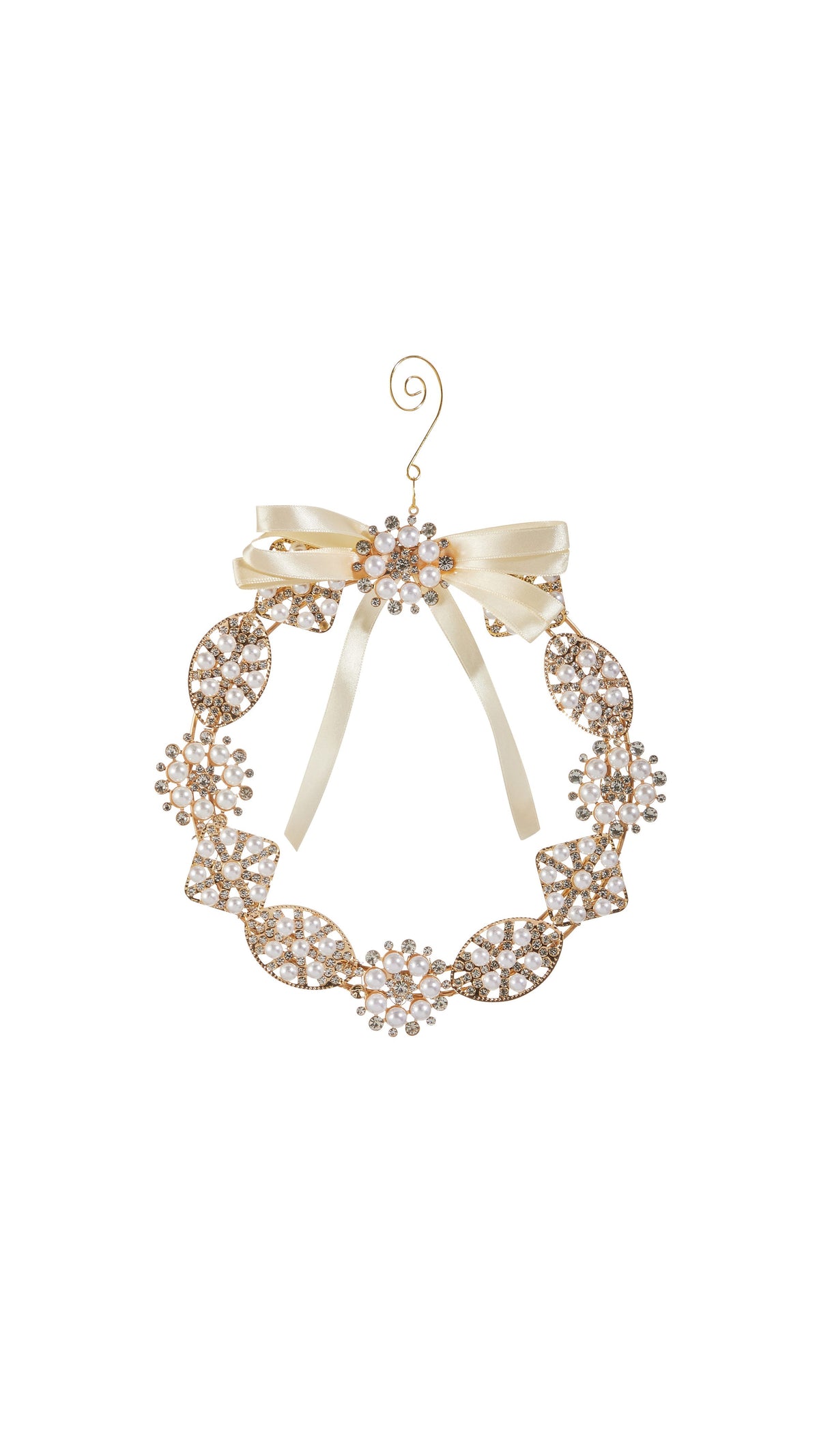 8 inch pearl brooch wreath ornament with jeweled accents, full view on white