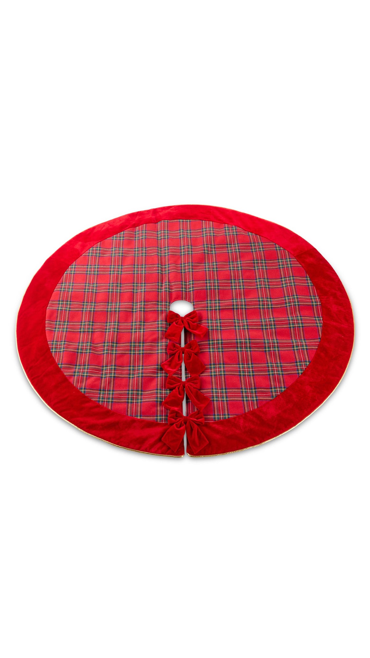 60 inch tartan plaid Christmas tree skirt, full view on white
