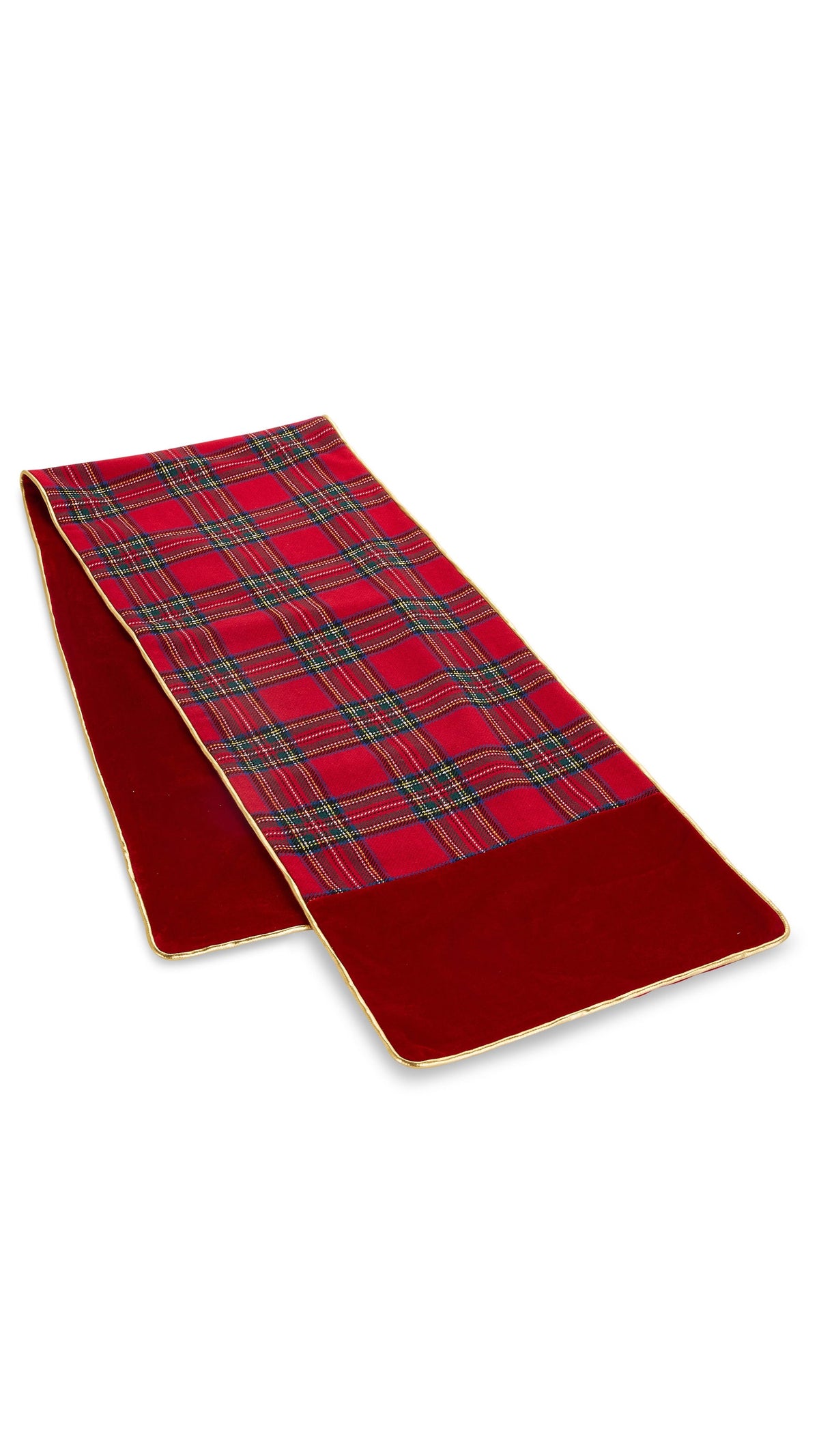 Plaid table runner in classic tartan check, full view on white