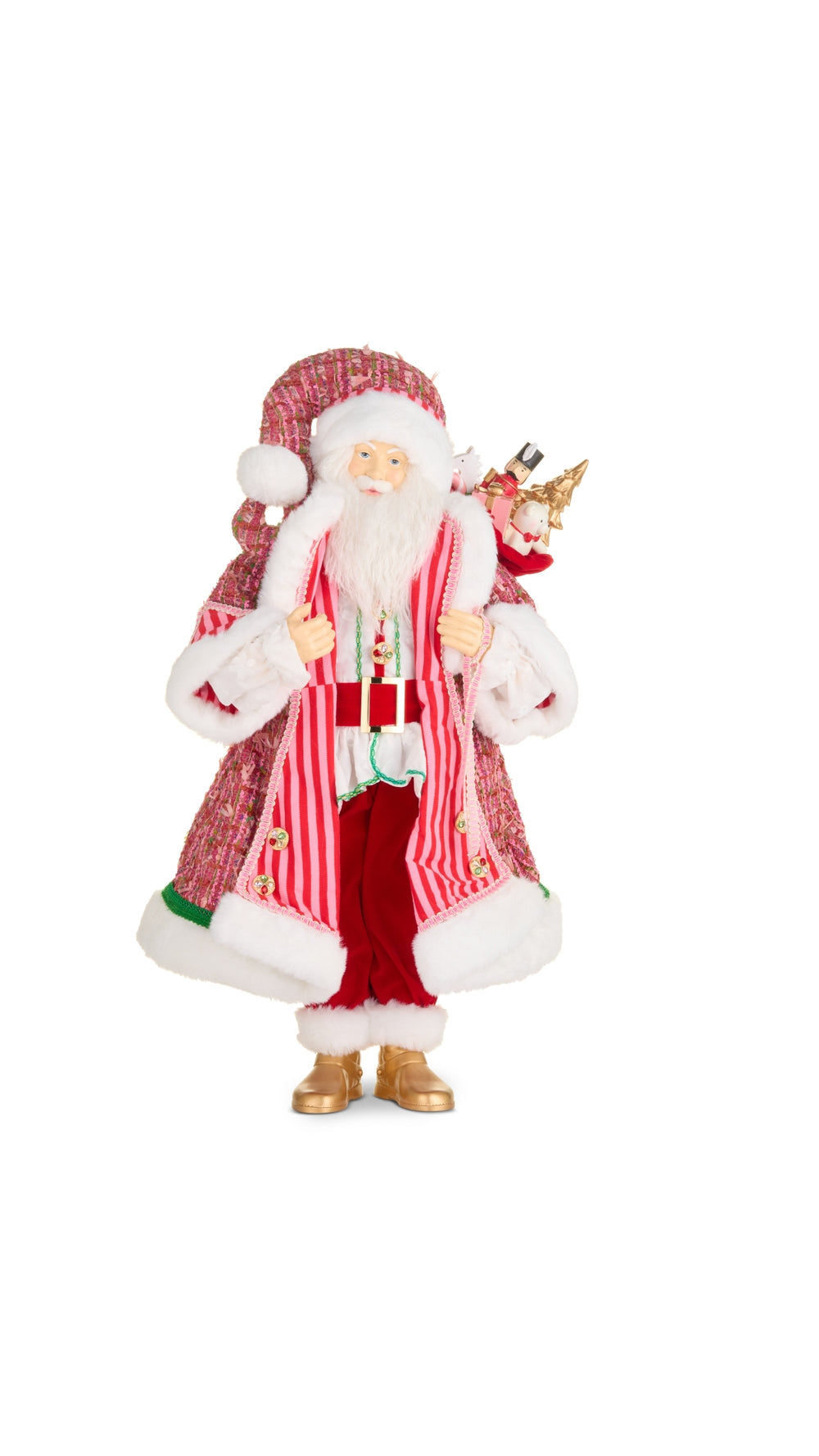 26.5 inch Sugar and Spice Santa dressed in candy pinks, full view on white