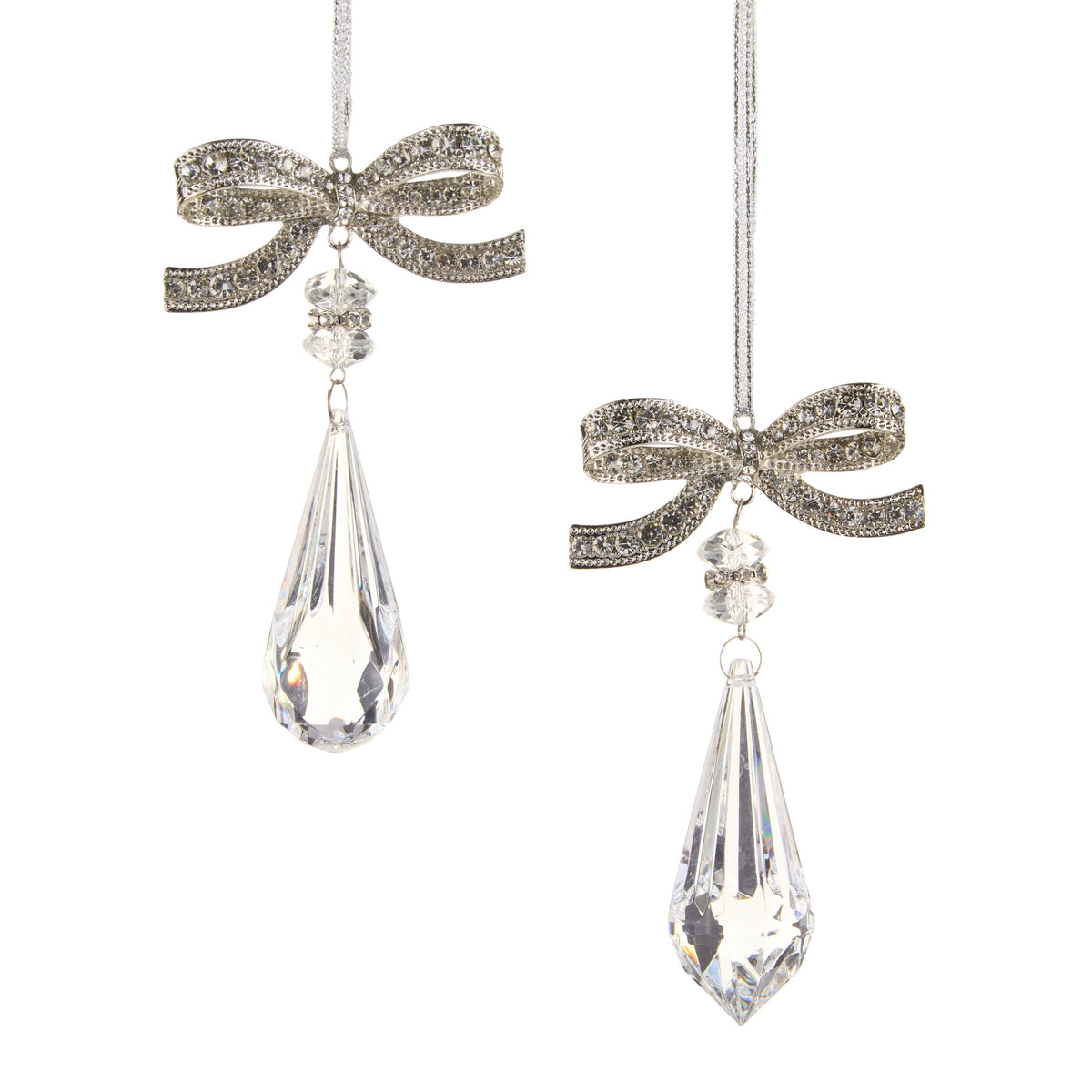 Clear jeweled bow ornament with crystal-look drop, full view
