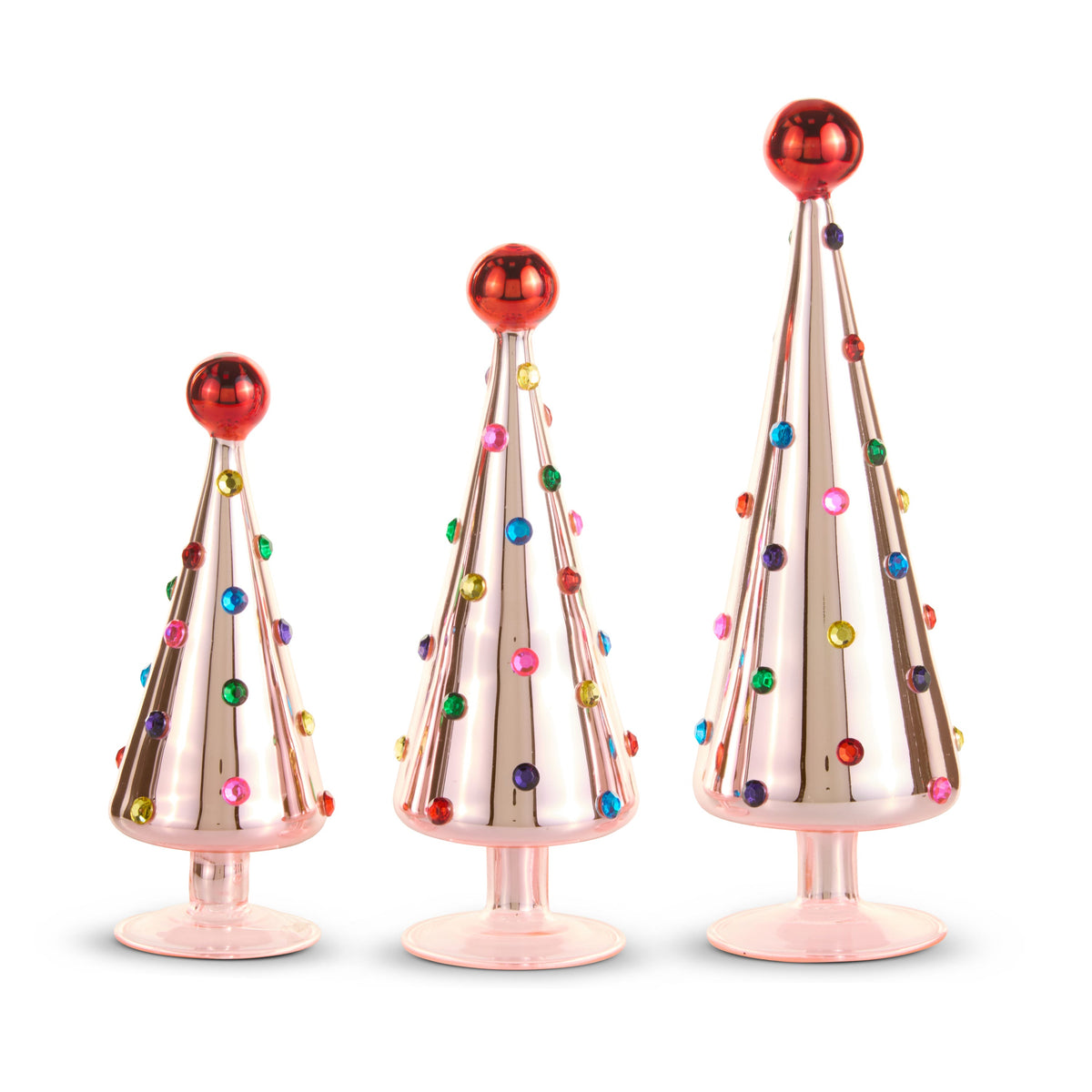 Set of 3 multicolor polka dot cone trees, full view