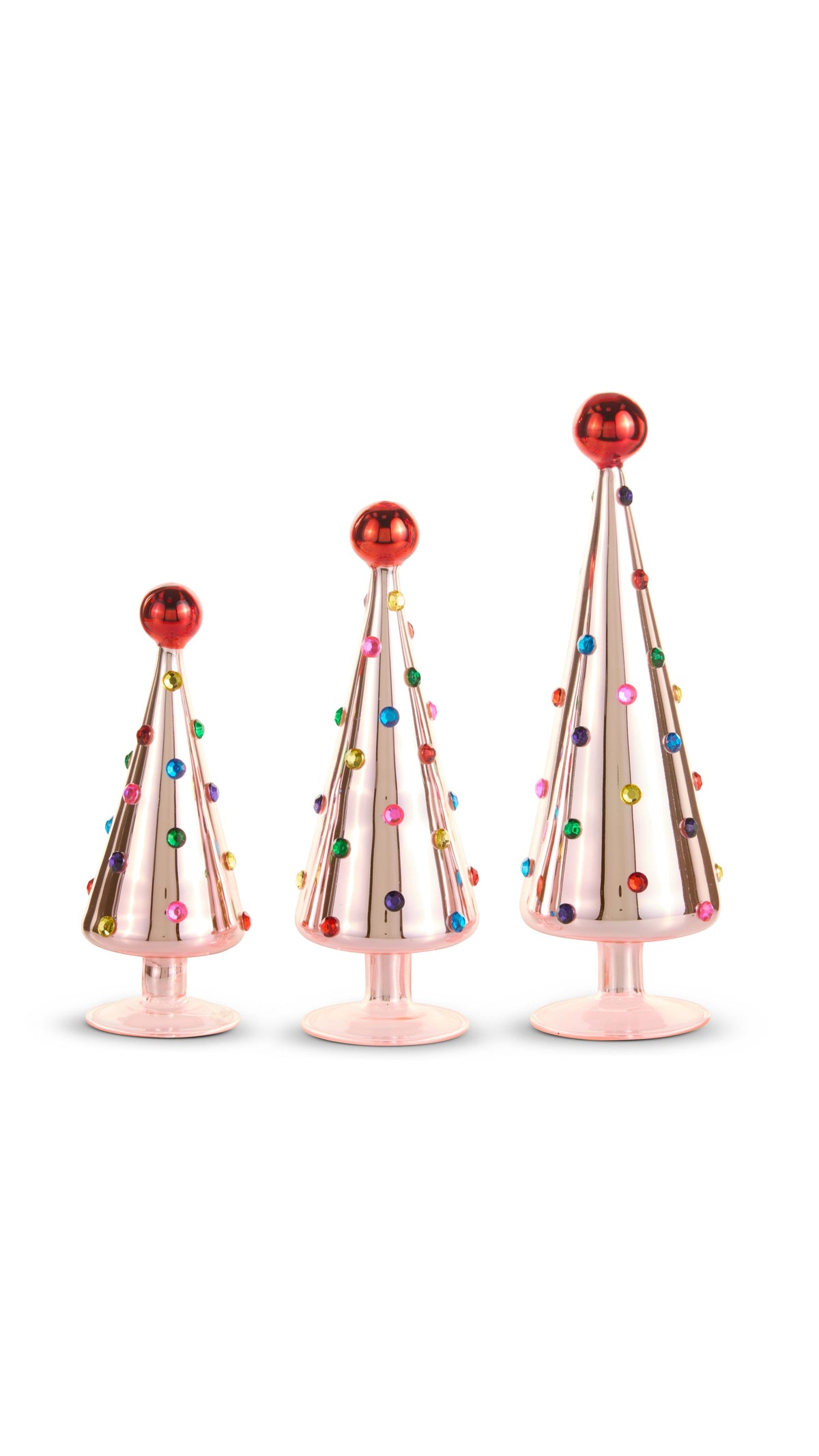 Set of 3 multicolor polka dot cone trees, full view on white