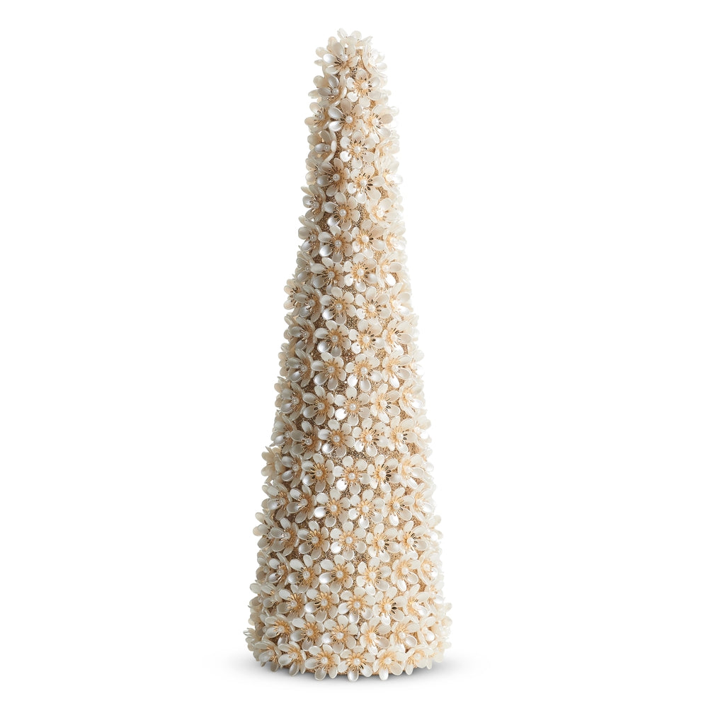 13 inch ivory pearl floral cone tree, full view