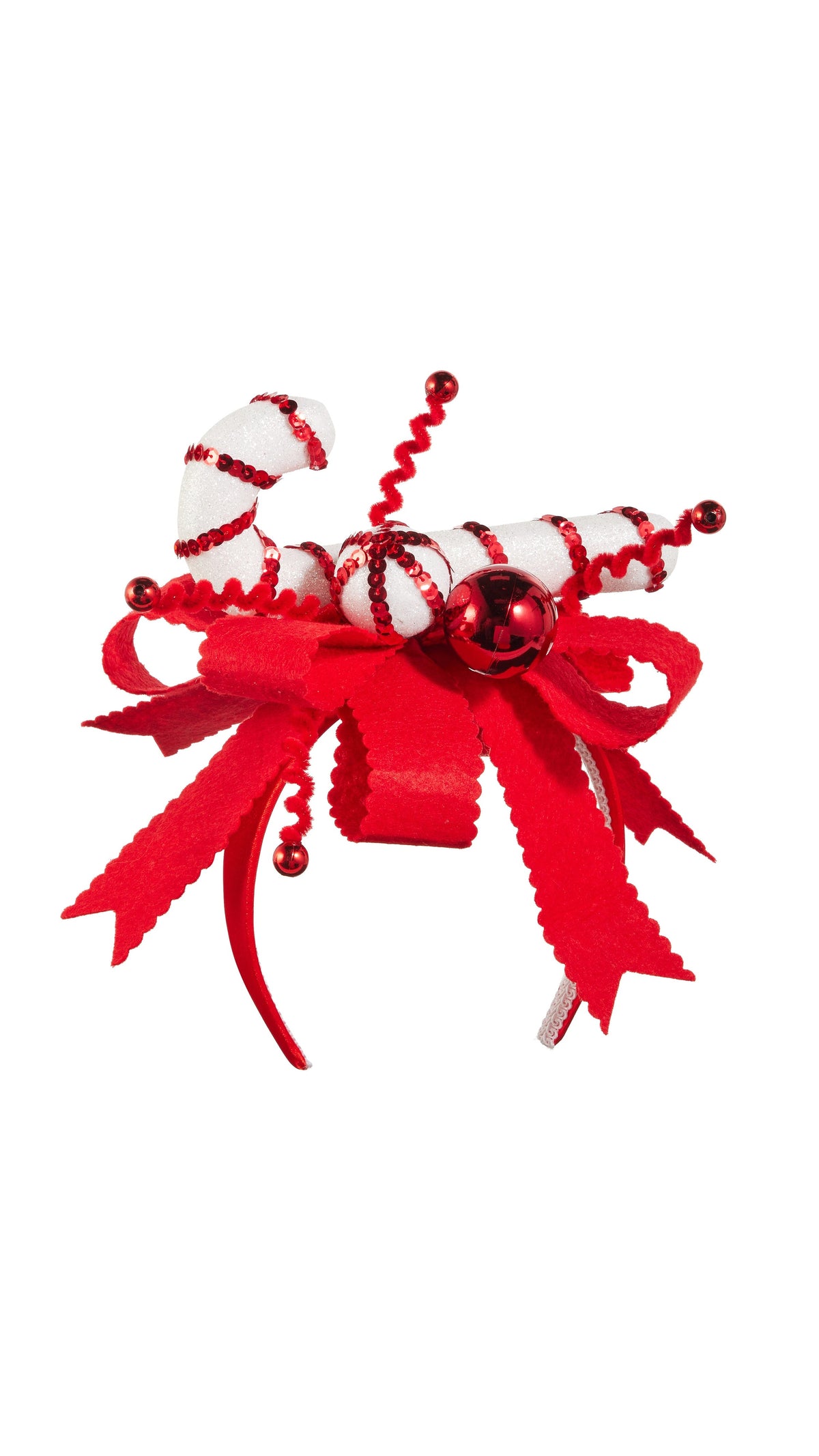 9 inch candy cane headband with red and white stripes, full view on white