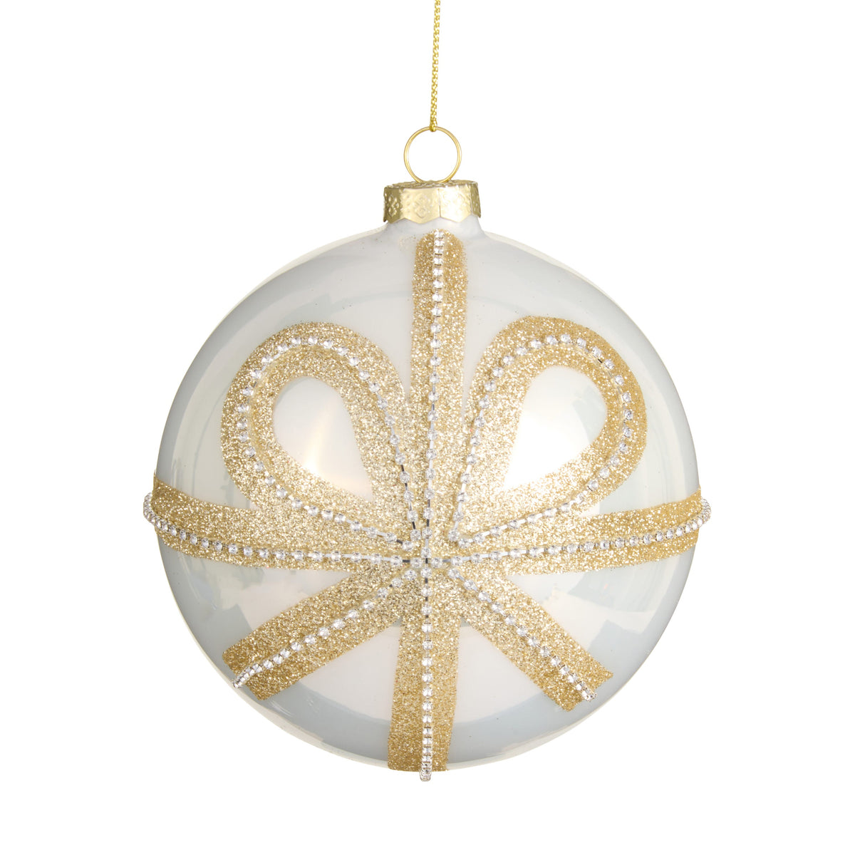 5 inch white ball ornament topped with a gold bow, full view