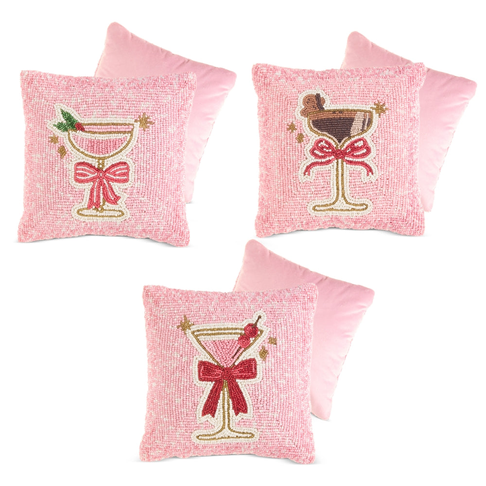 Pink throw pillow with beaded cocktail design, full view