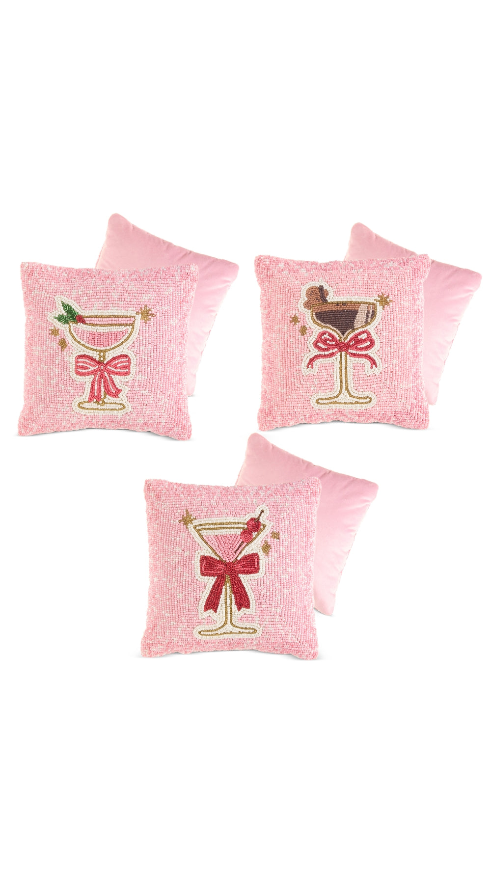 Pink throw pillow with beaded cocktail design, full view on white