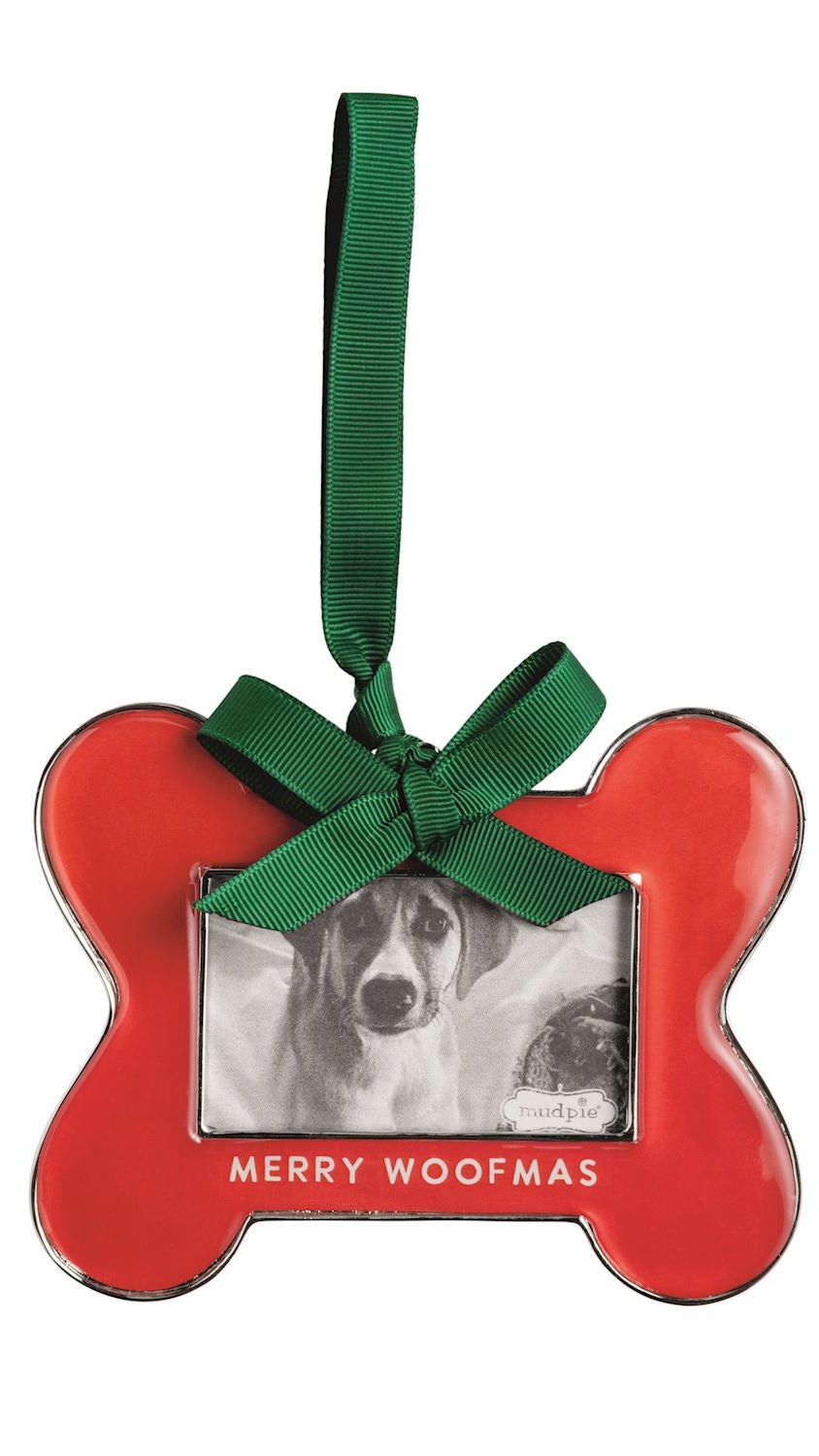 Merry Woofmas pet photo frame Christmas ornament, front view