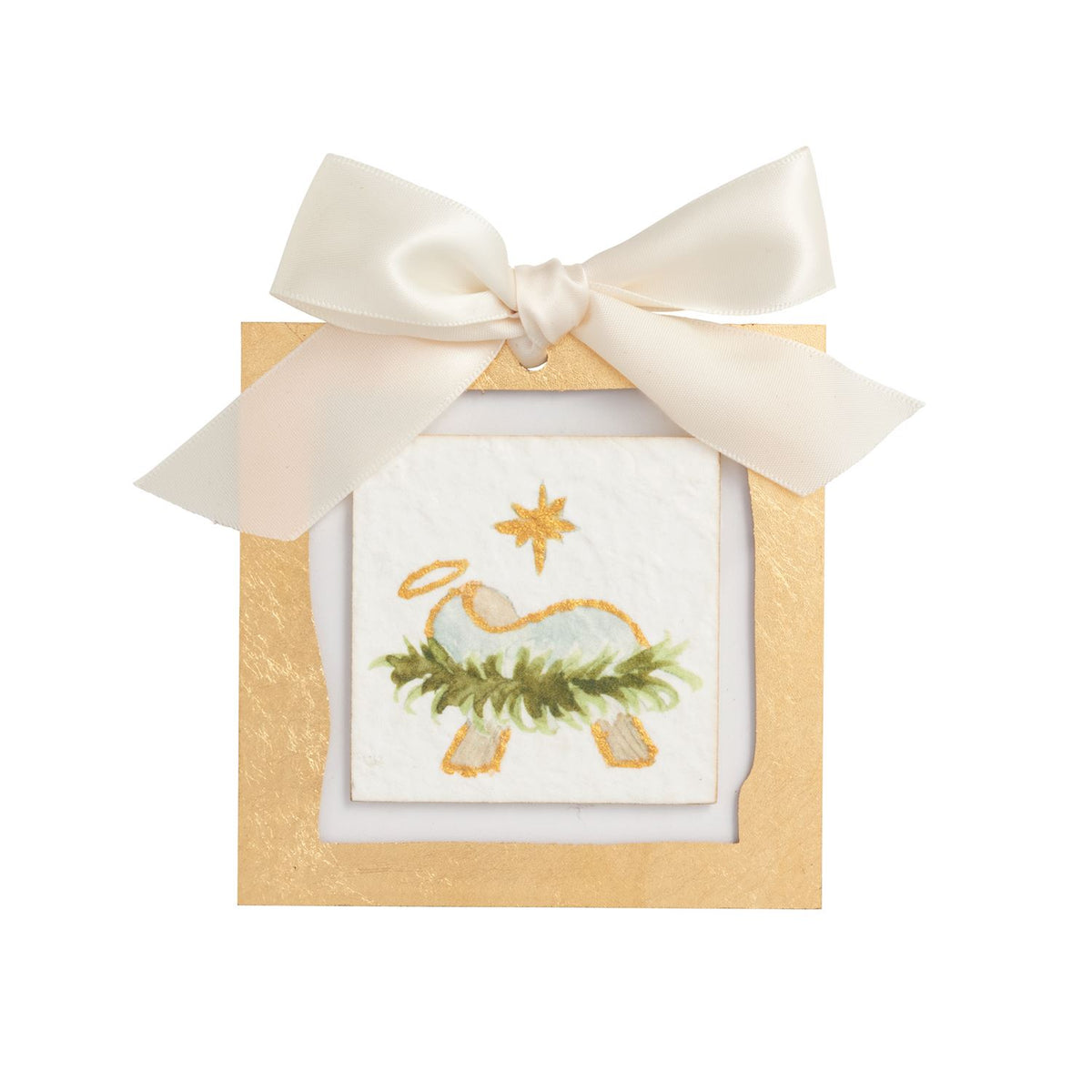 Gold baby Jesus Nativity Christmas ornament, full view