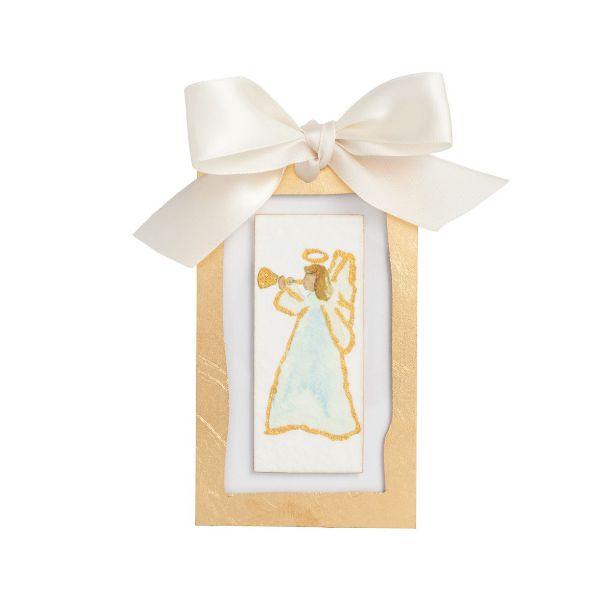 Gold angel Christmas ornament in profile, full view