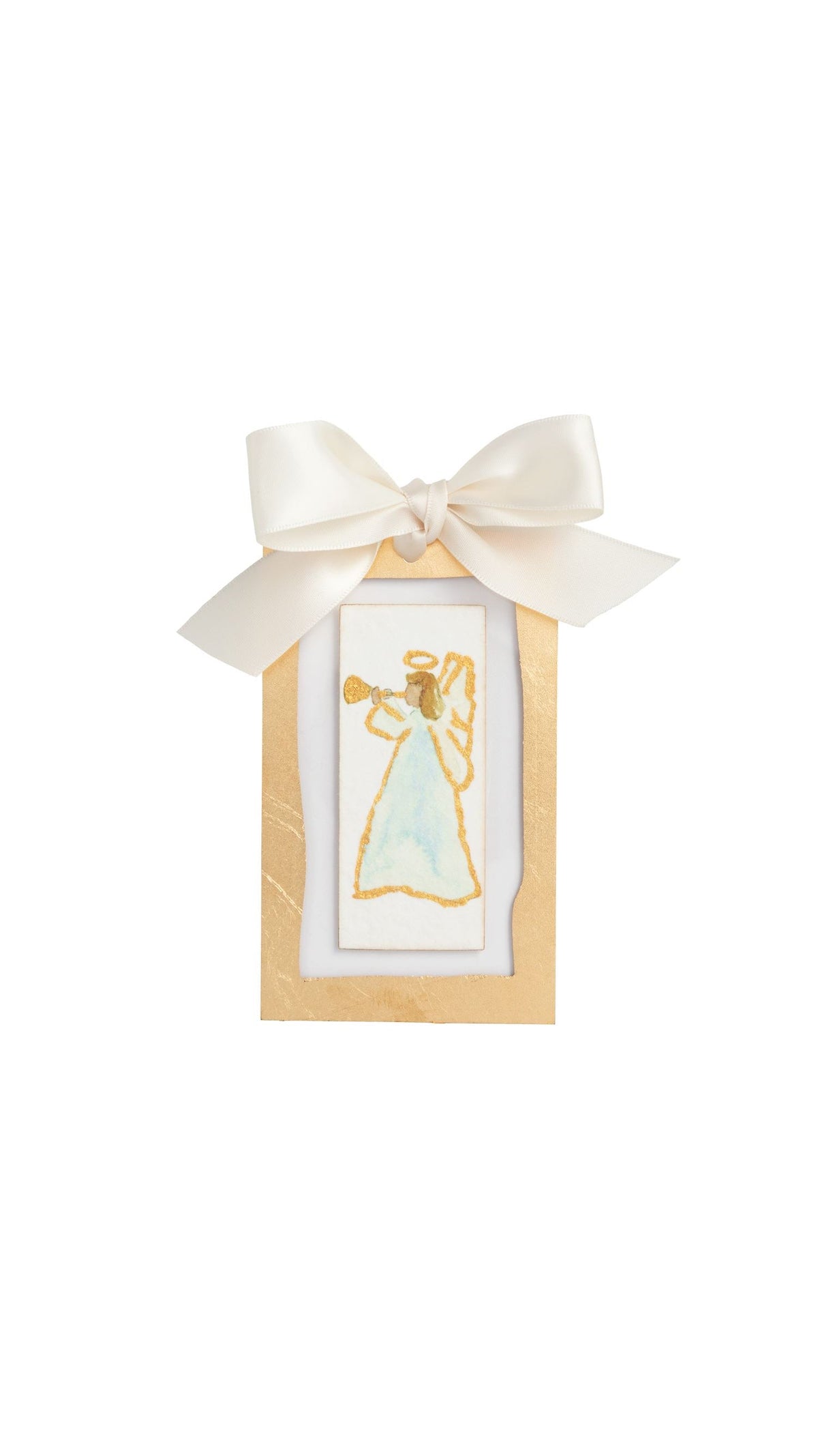 Sideways Angel Gold Ornament full view on white