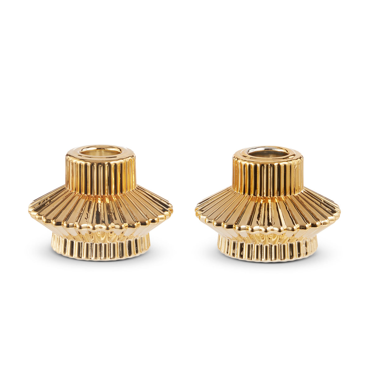 Pair of 3 inch gold candle holders, full view