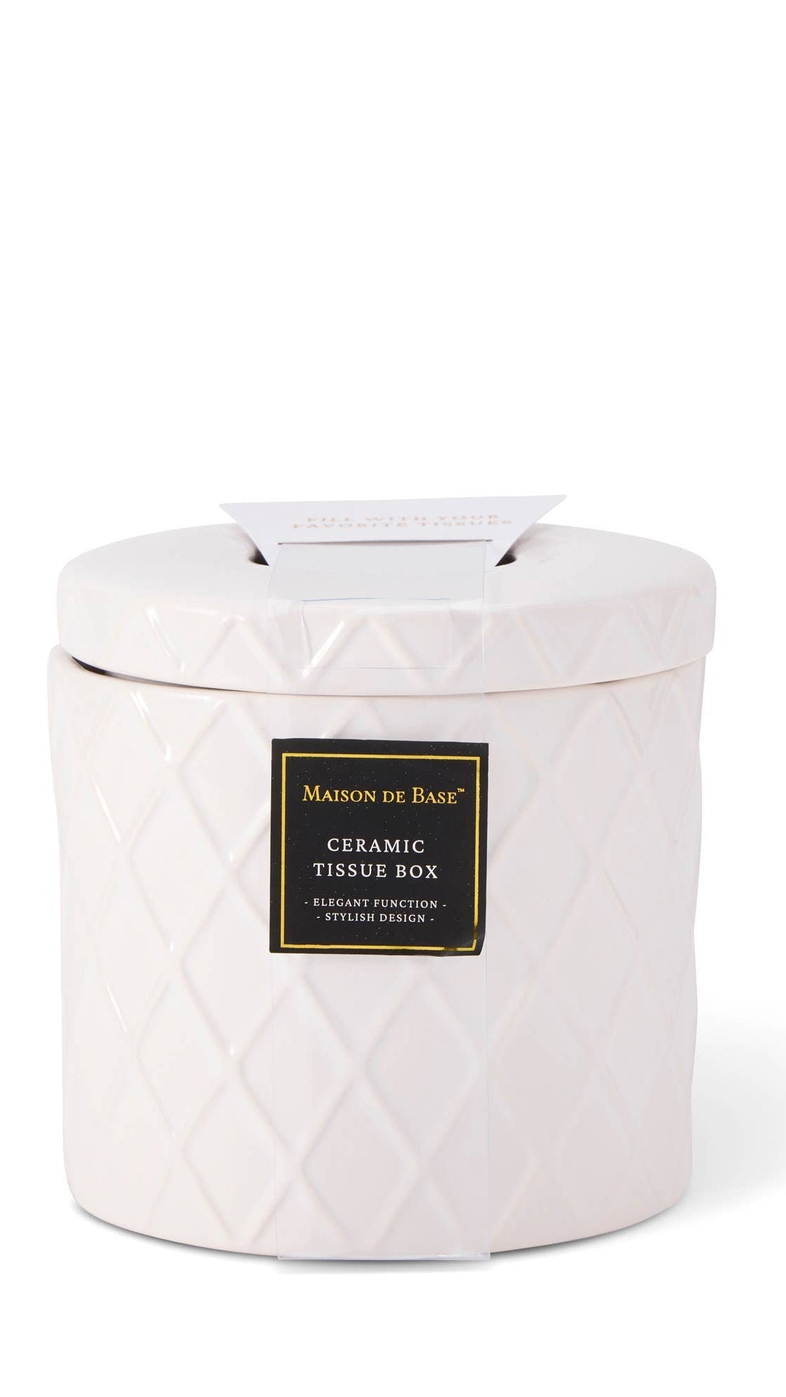 White ceramic tissue box with diamond pattern on a white background