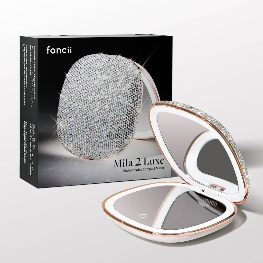 Mila 2 luxe compact mirror with LED lights product photo - open view - BLVD Boutik