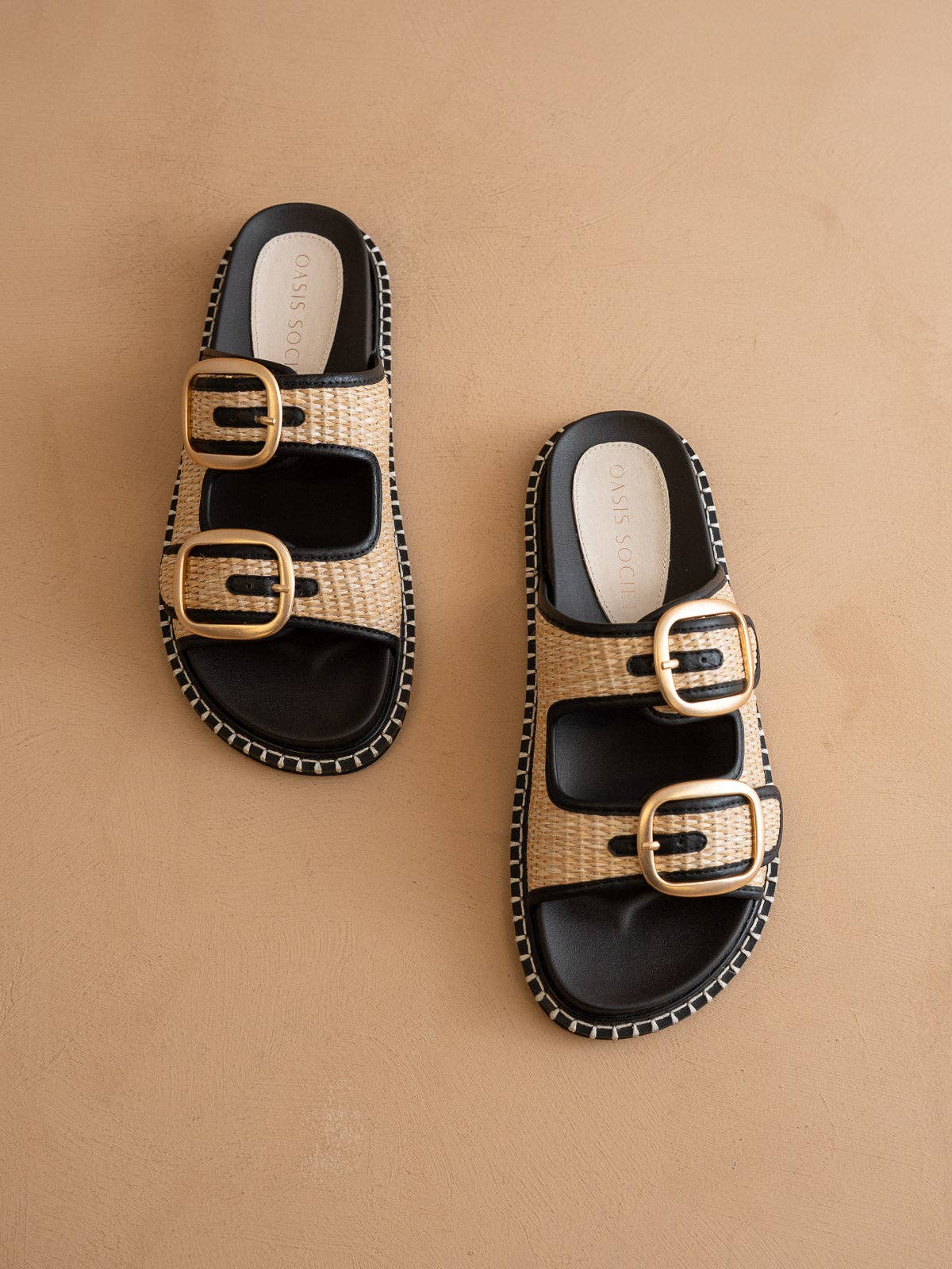 The Daytona Two-Tone Raffia Gold Buckle Sandal