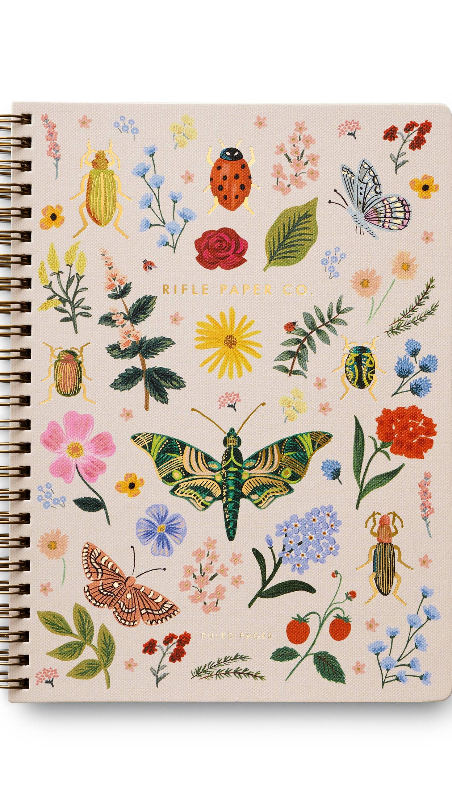 Notebook with floral and insect illustrations on a white background