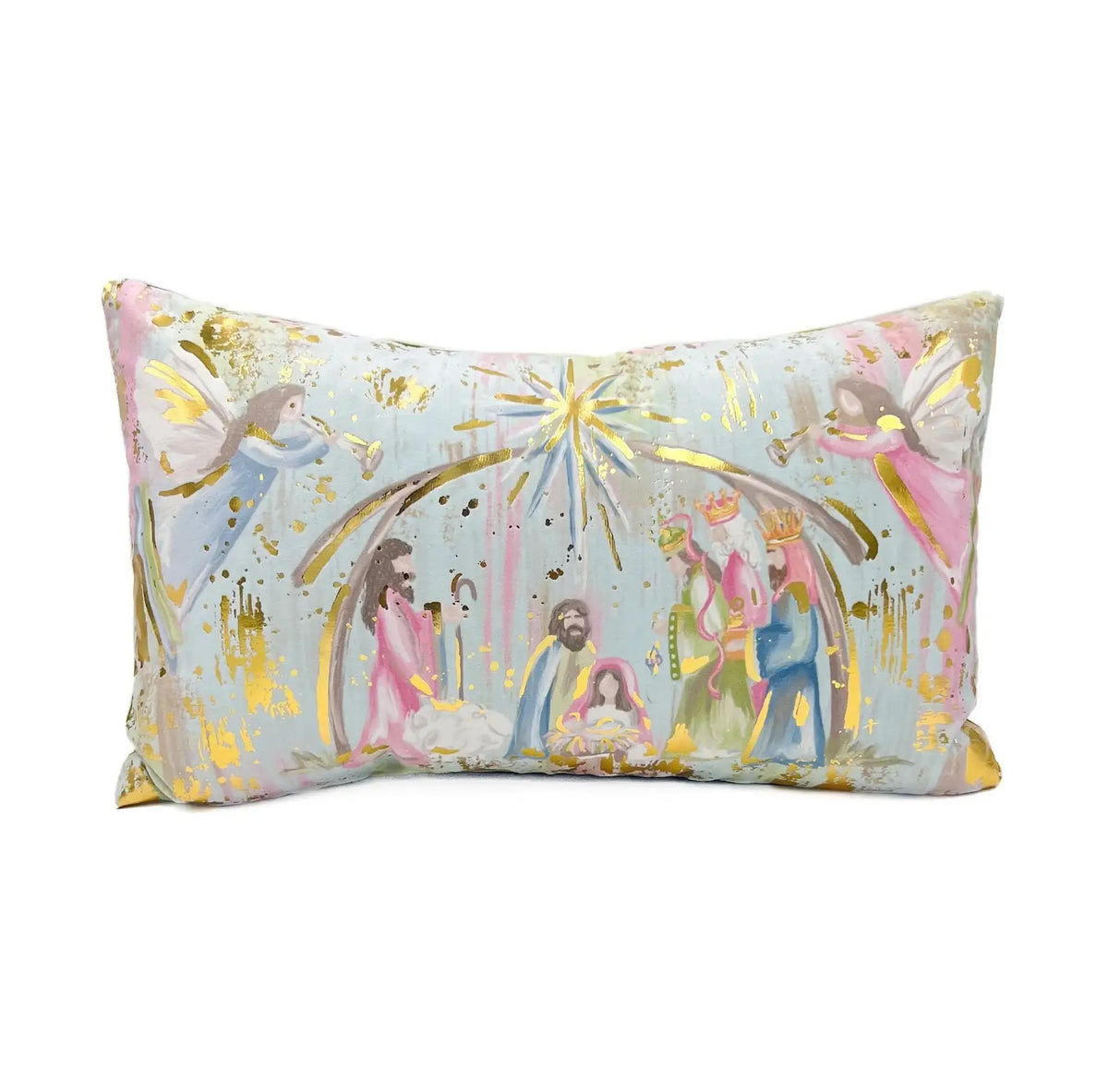 Pastel nativity scene velvet throw pillow with real gold foil accents, front view