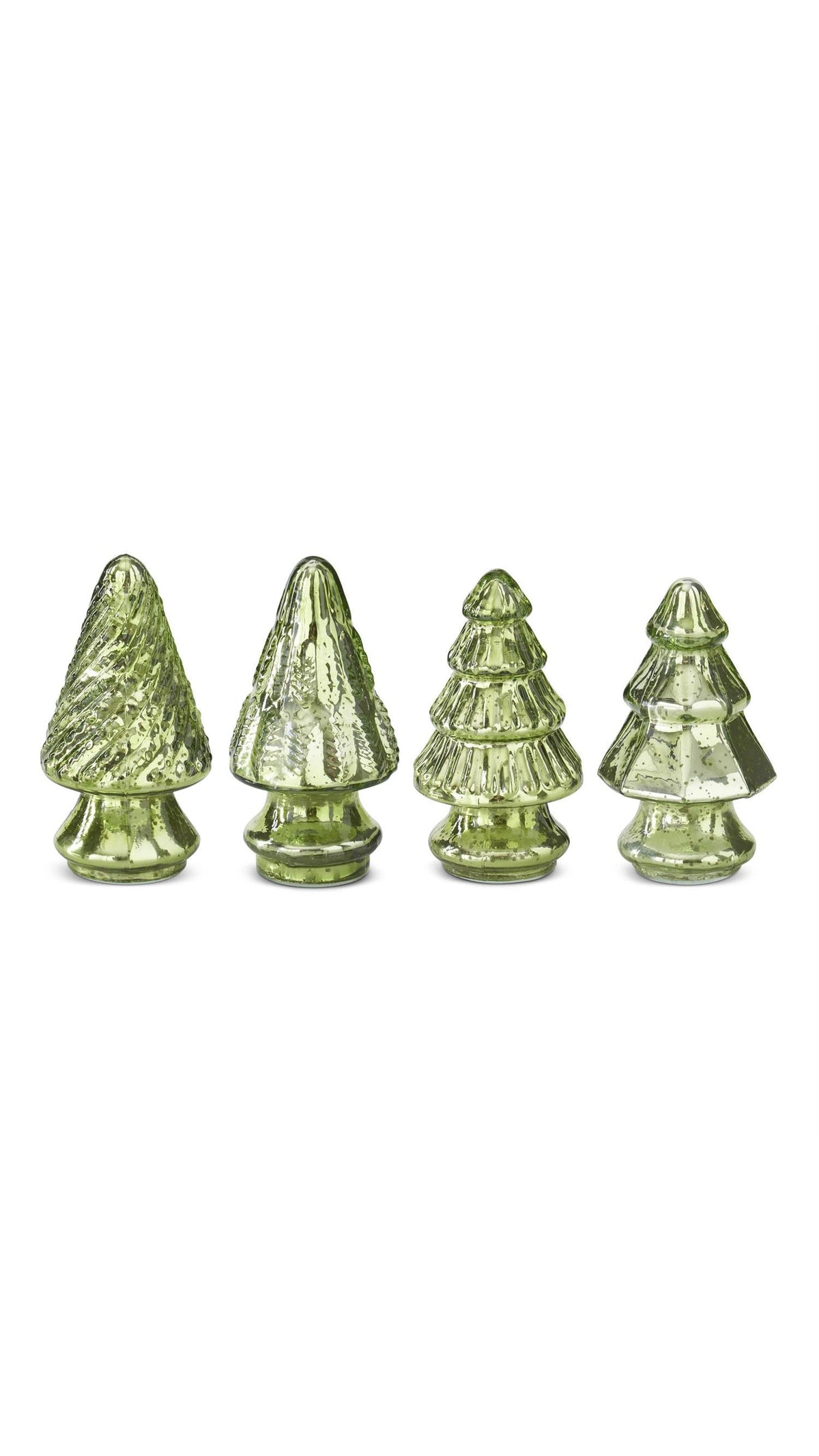 Mini light green mercury glass Christmas tree, full view on white