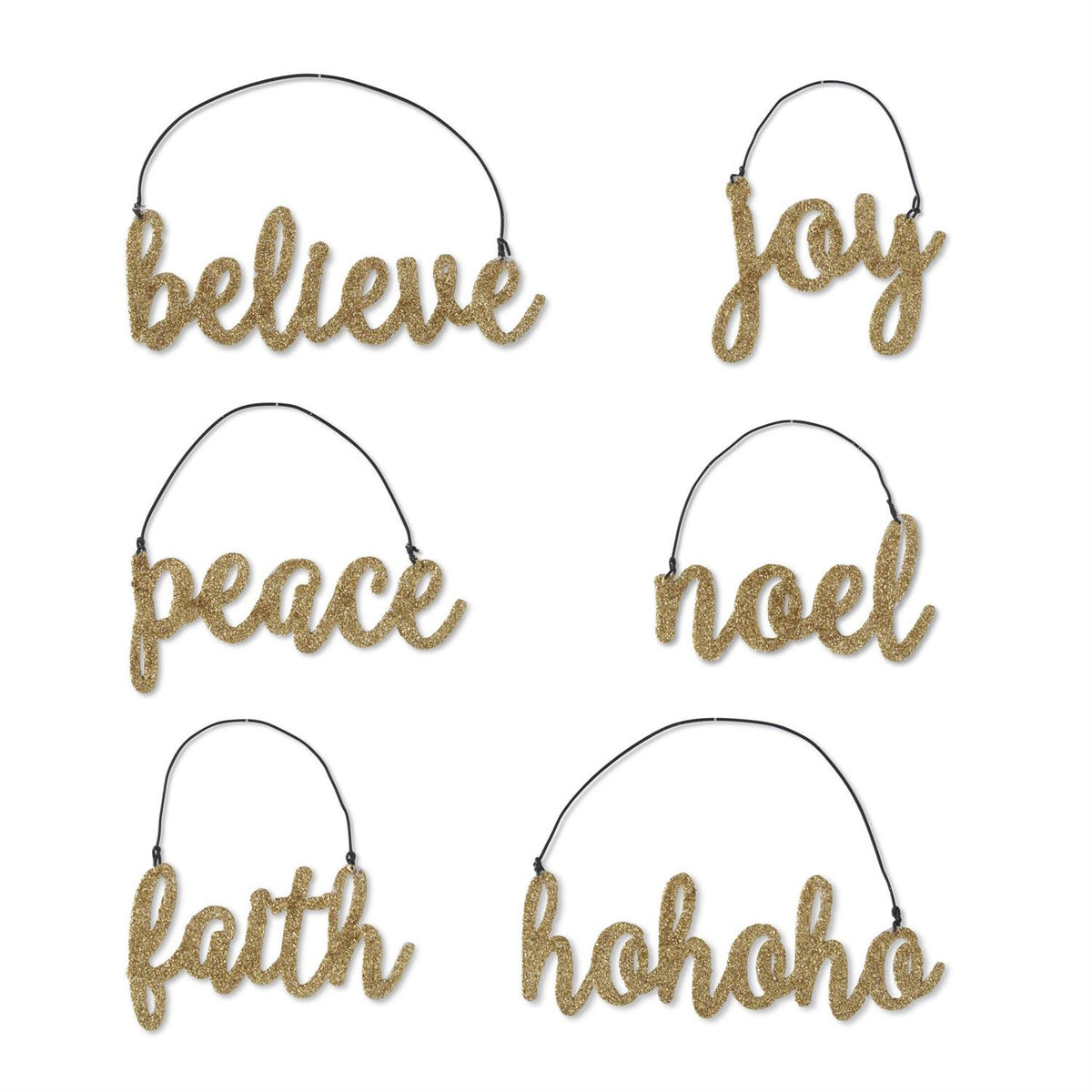 Gold glittered holiday message ornaments, assorted styles, original product photo