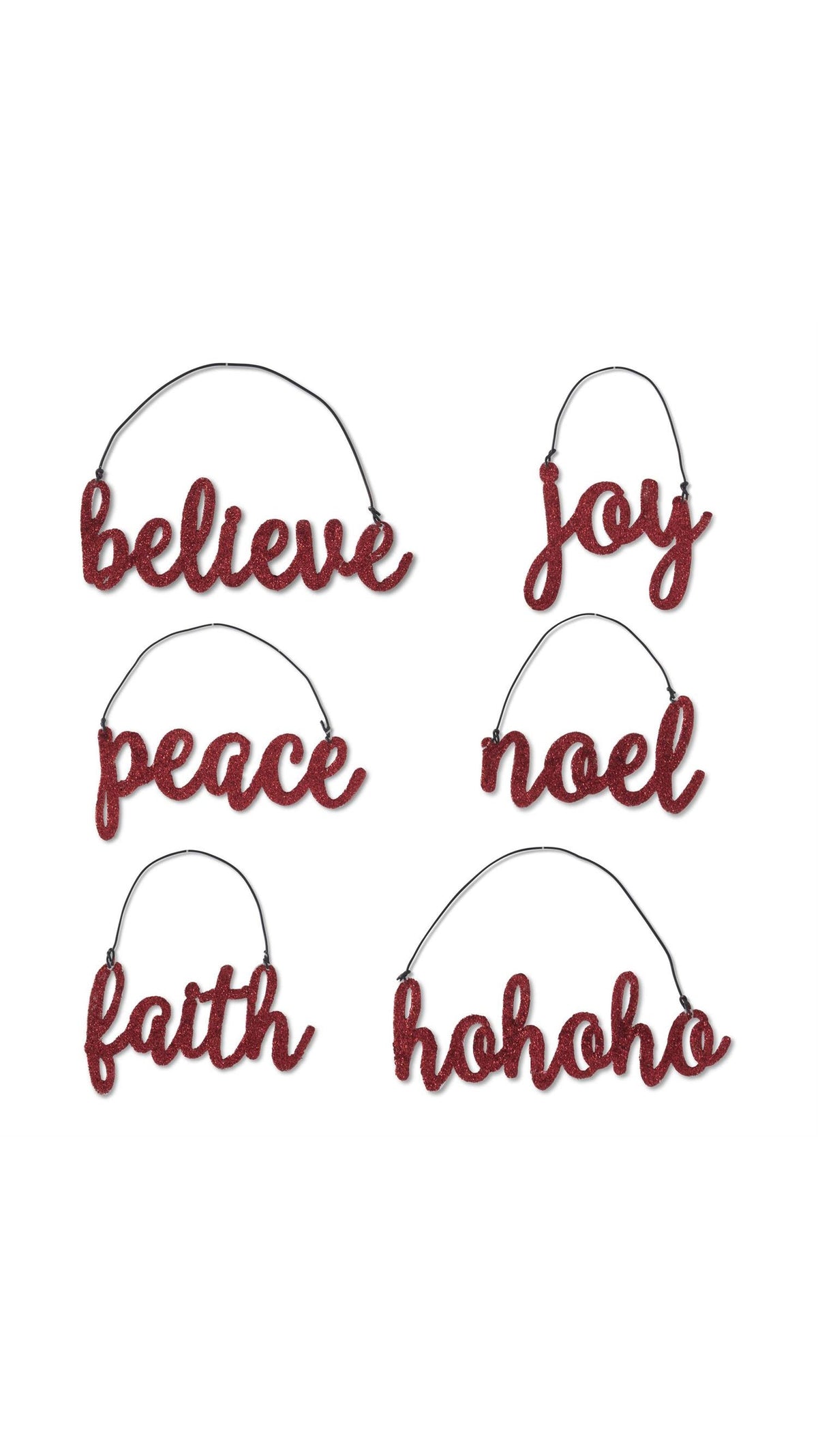 Red glittered holiday message ornaments, assorted styles, full view on white