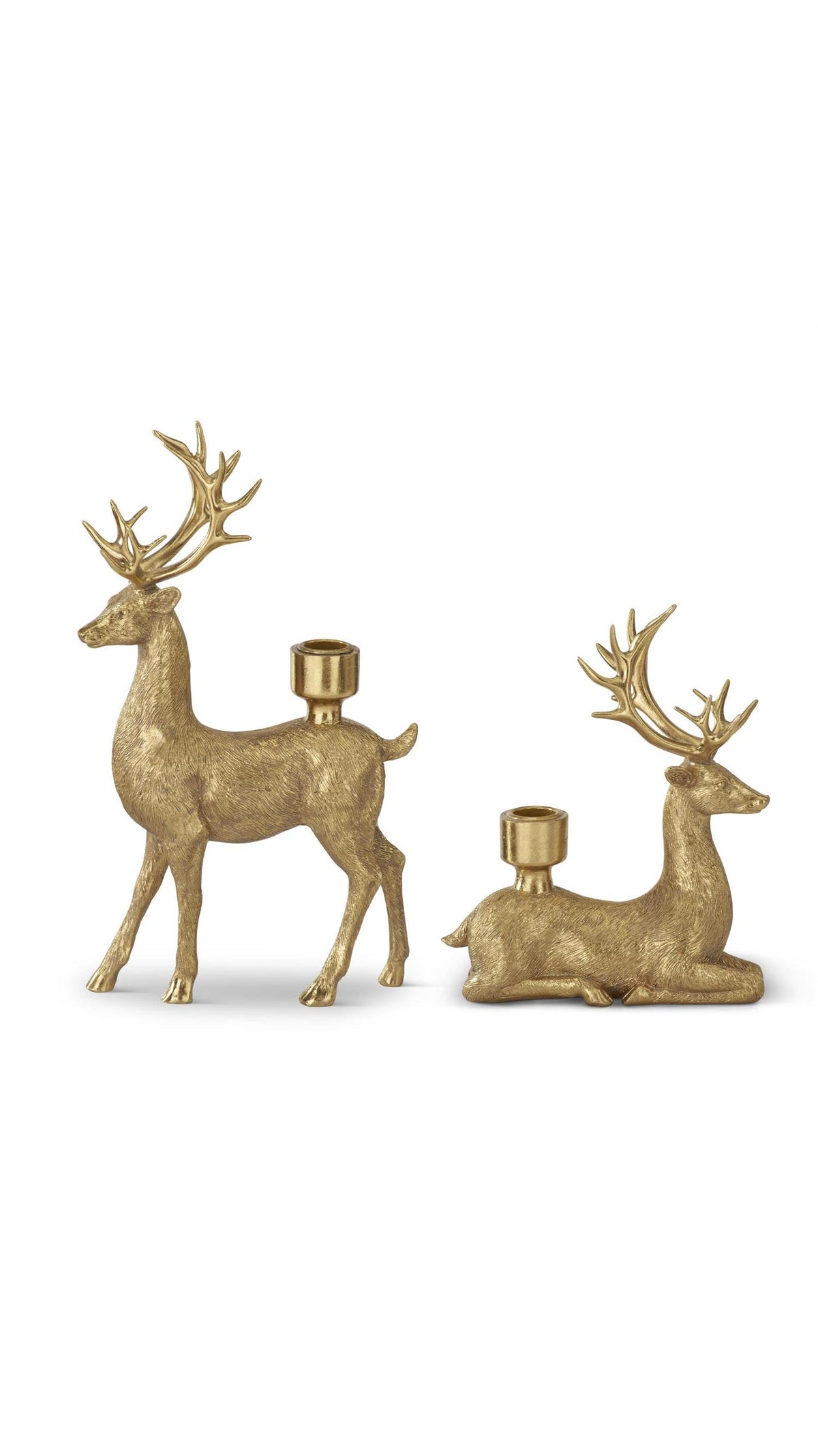 Gold resin deer taper candleholders in two sizes, full view on white