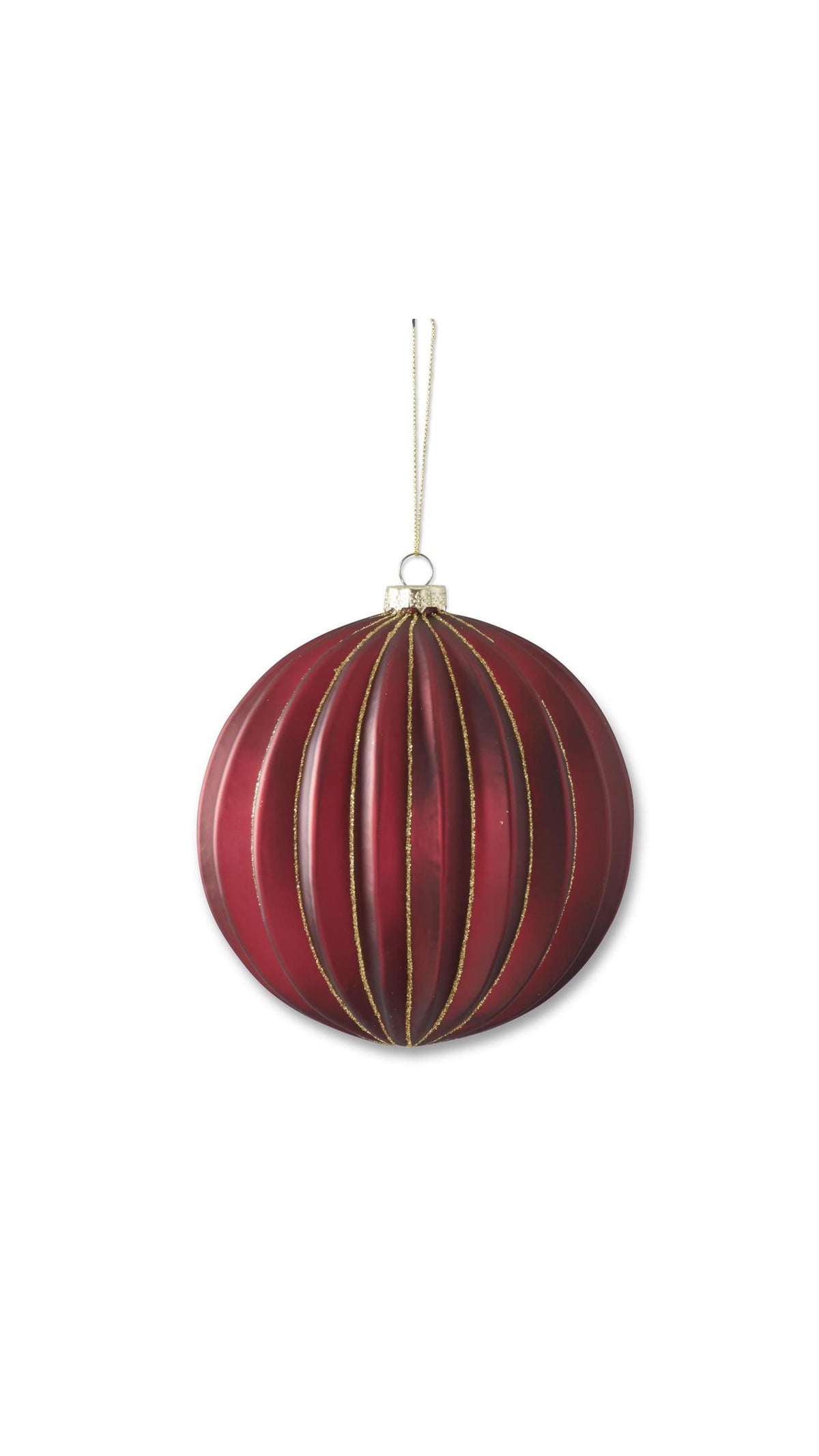 6.5 inch burgundy glass accordion ornament with gold glitter, full view on white