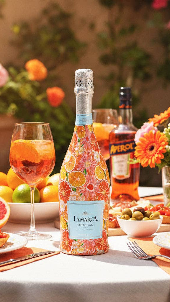 Beau Bottles Preppy Watercolor Oranges La Marca prosecco bottle wrap — front view — BLVD Boutik