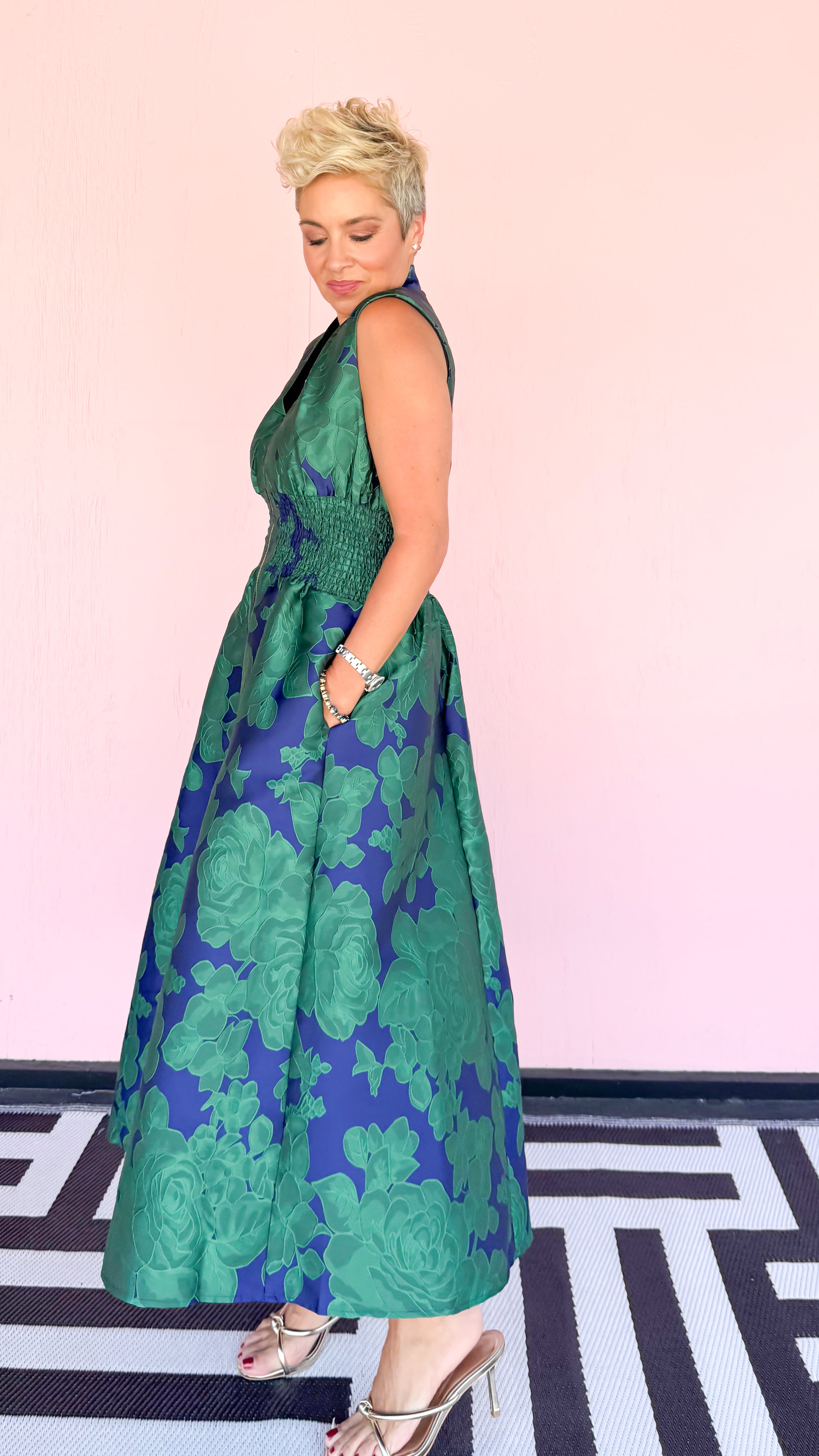Bold Floral Jacquard Zip Dress/Blue&Green