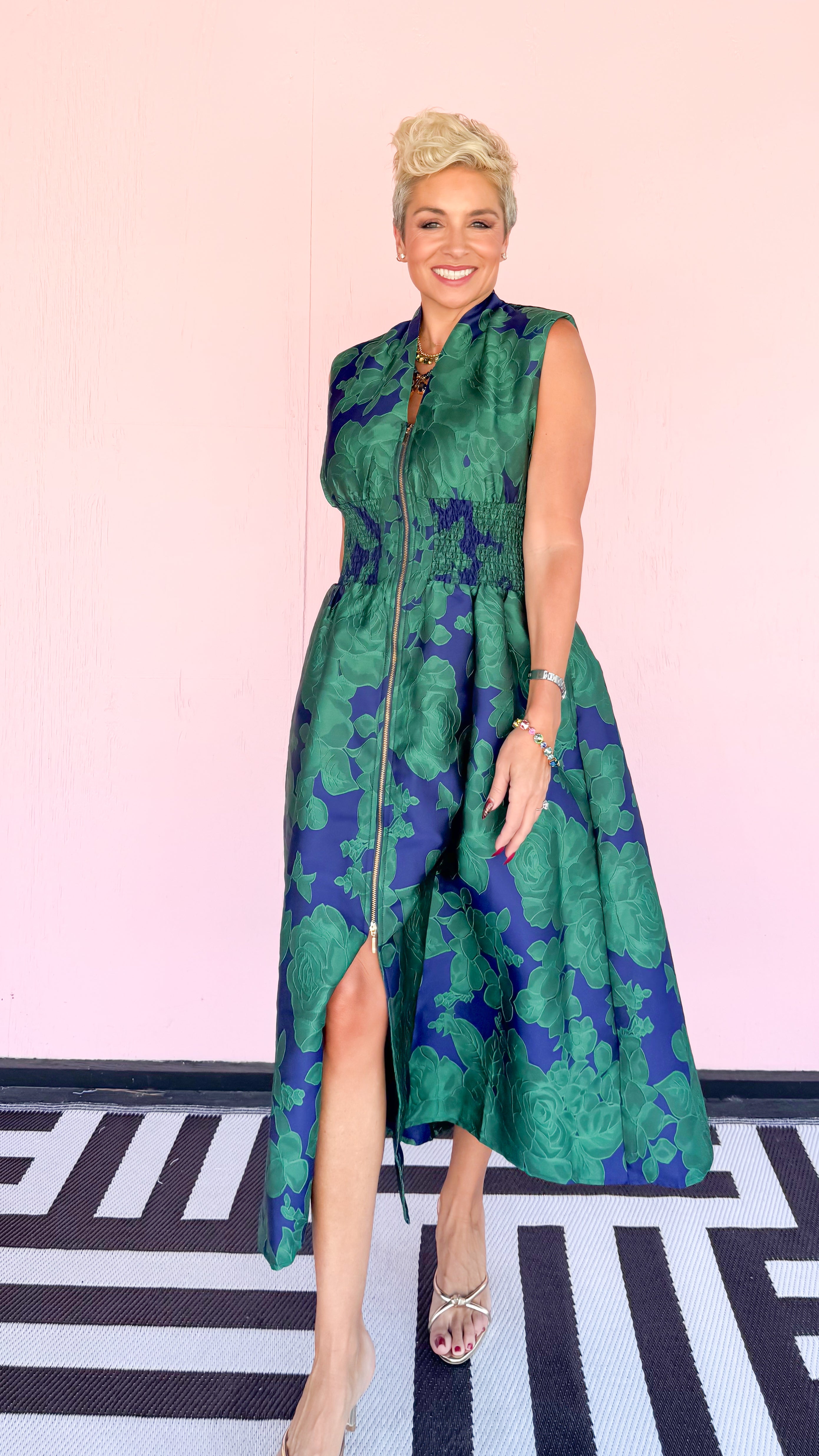 Bold Floral Jacquard Zip Dress/Blue&Green