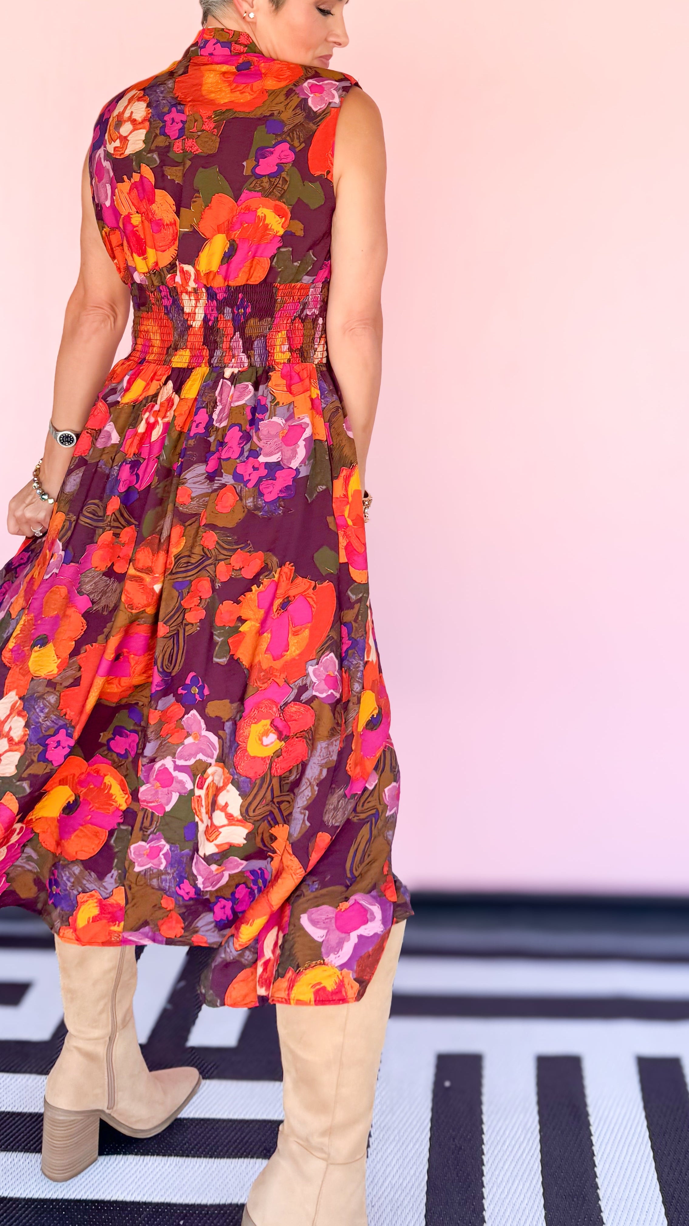 Front Zip Floral Midi Dress