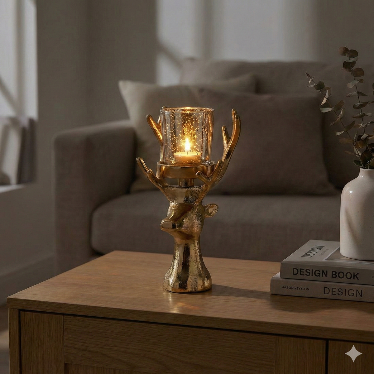 Gold reindeer votive candle holder for Christmas, alternate view 2